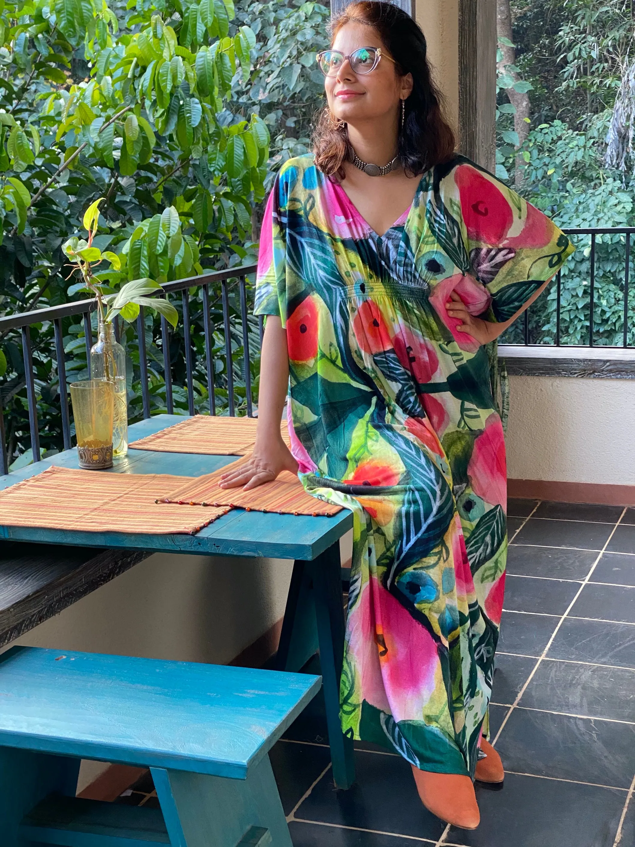 A picture of poses "Stunningly Simple" Style Caftan | Soft Jersey Knit Organic Cotton | Perfect Loungewear House Dress