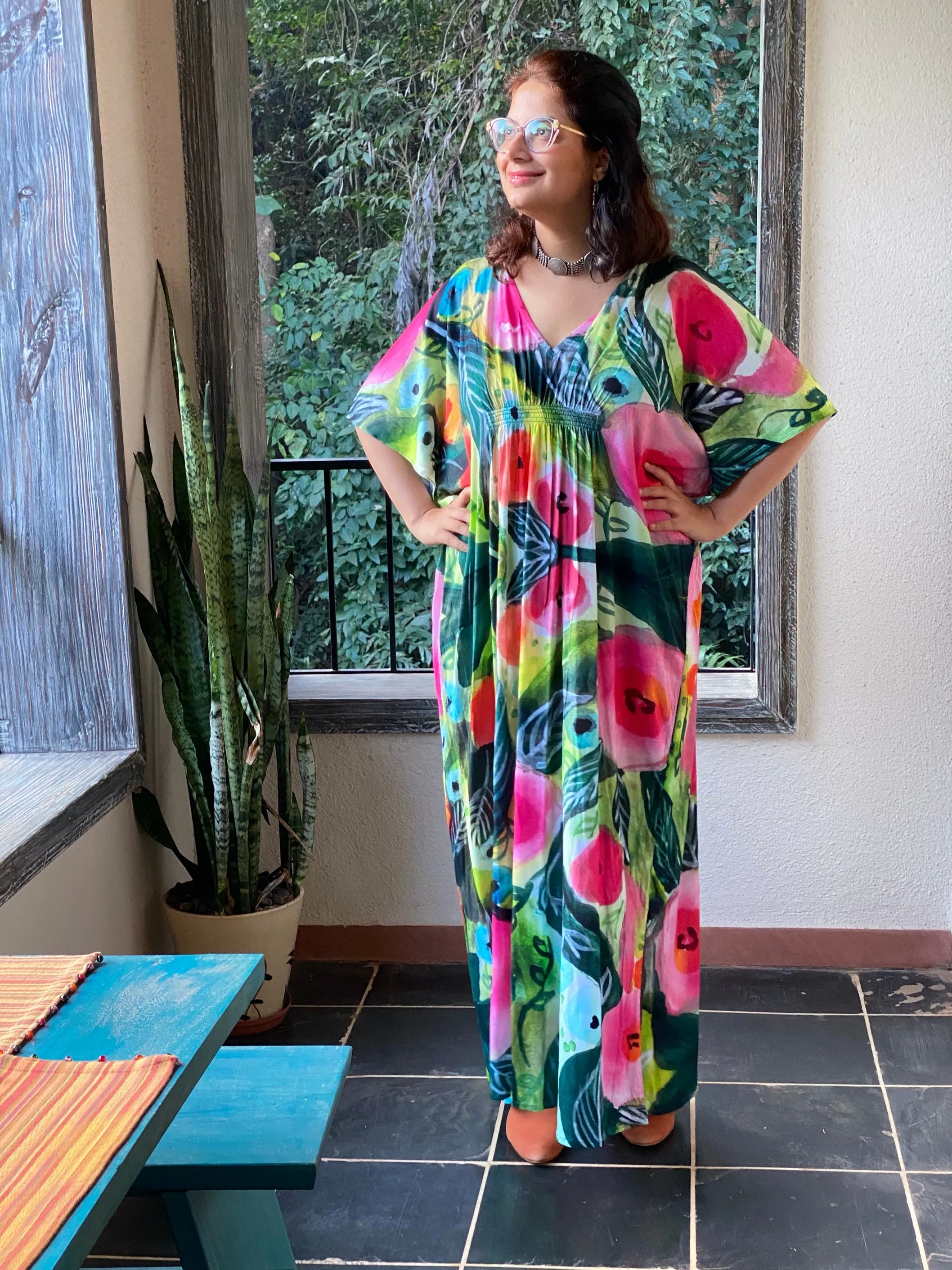 A picture of poses "Stunningly Simple" Style Caftan | Soft Jersey Knit Organic Cotton | Perfect Loungewear House Dress