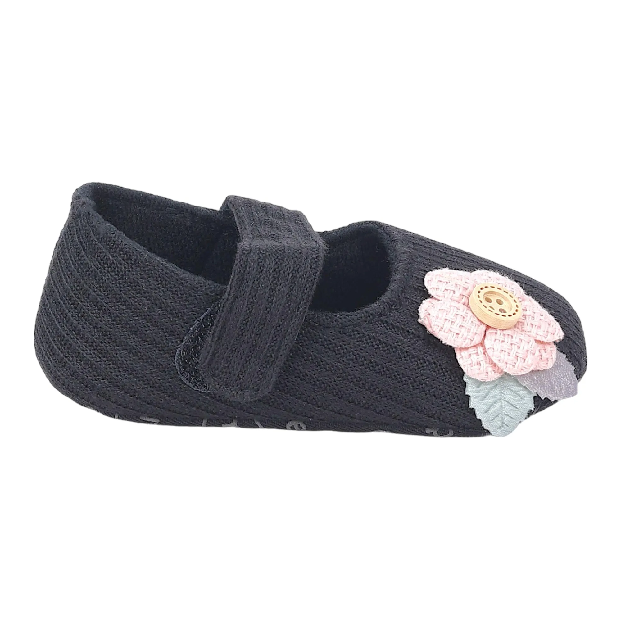 Baby Moo 3D Flower Button Velcro Strap Anti-Skid Ballerina Booties - Black