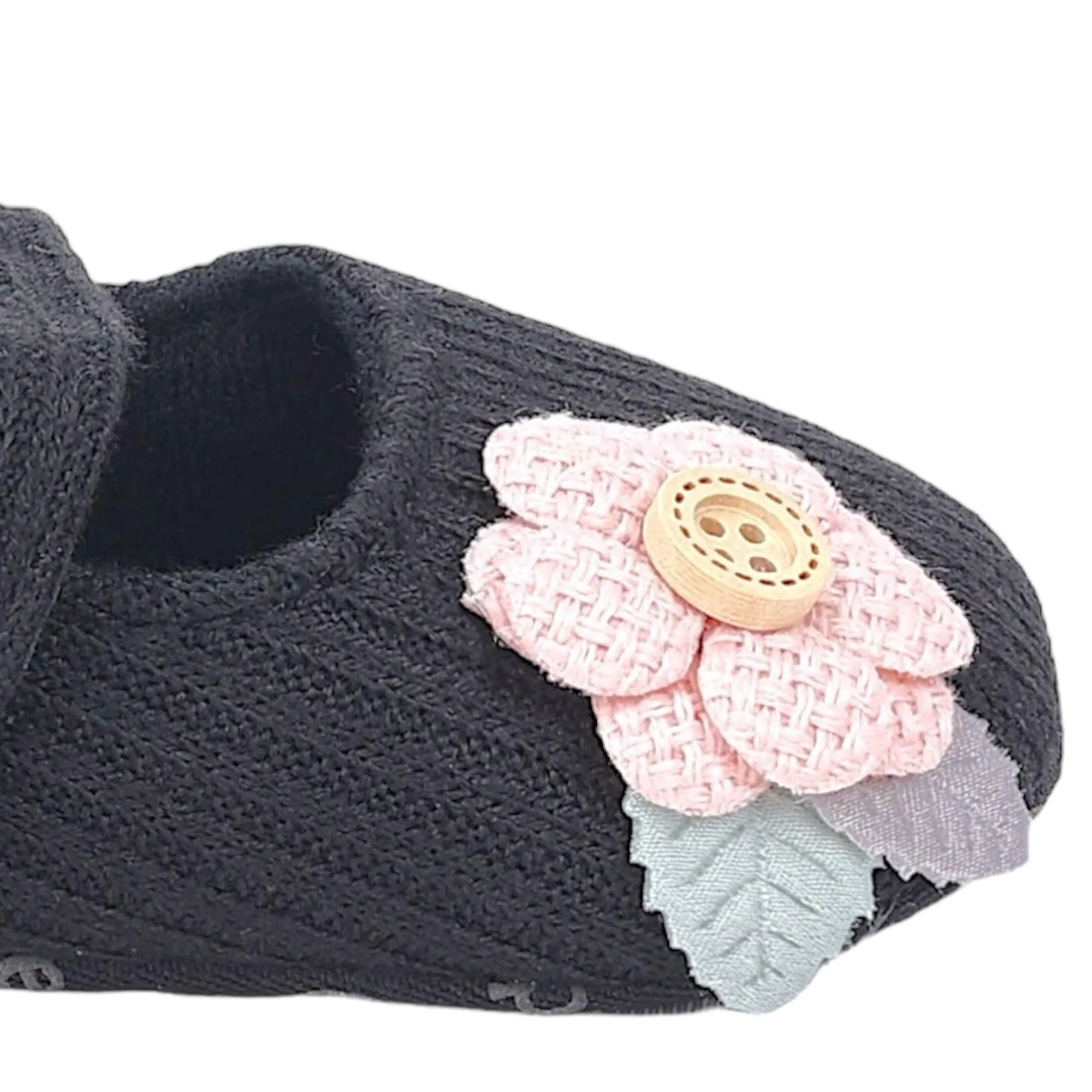 Baby Moo 3D Flower Button Velcro Strap Anti-Skid Ballerina Booties - Black