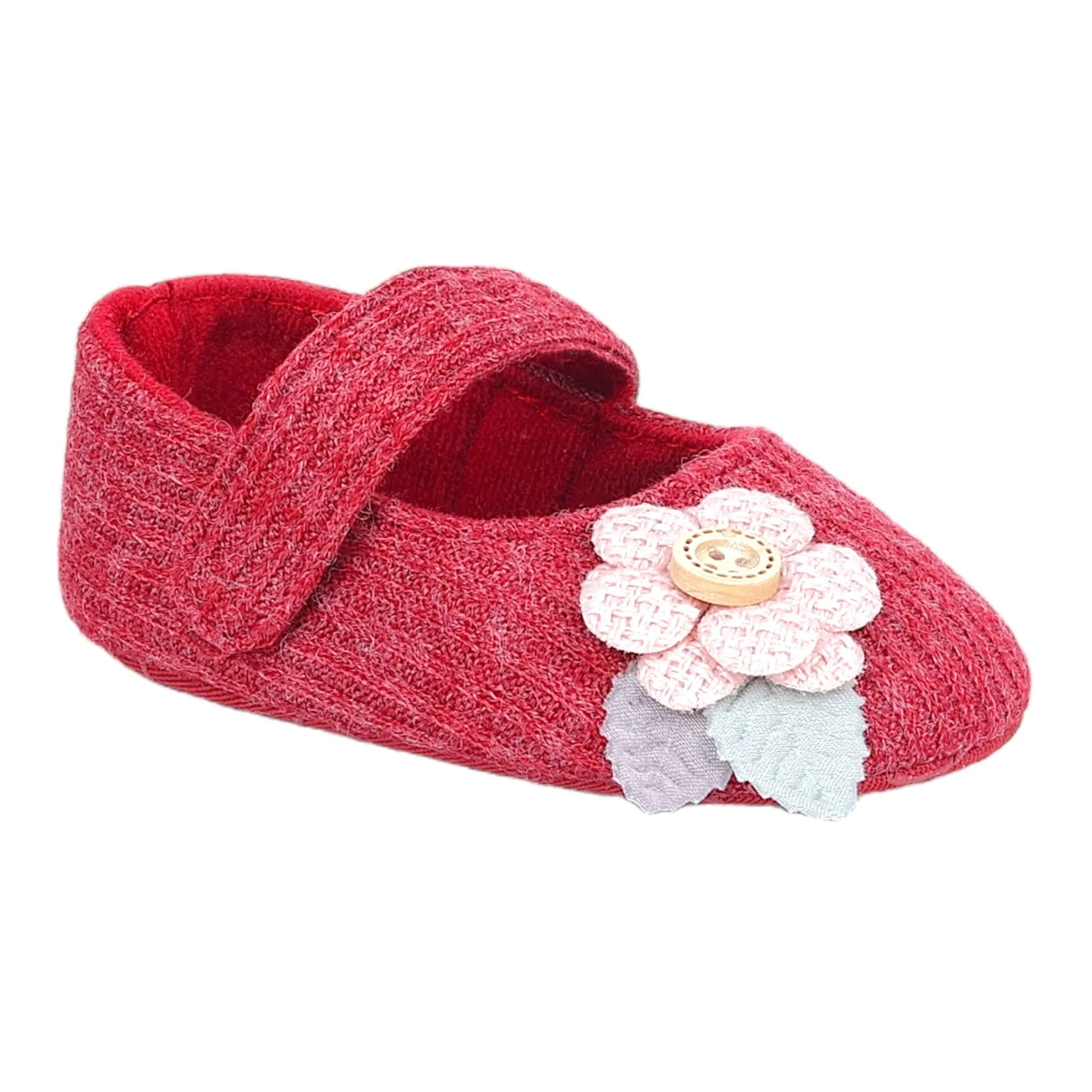 Baby Moo 3D Flower Button Velcro Strap Anti-Skid Ballerina Booties - Maroon