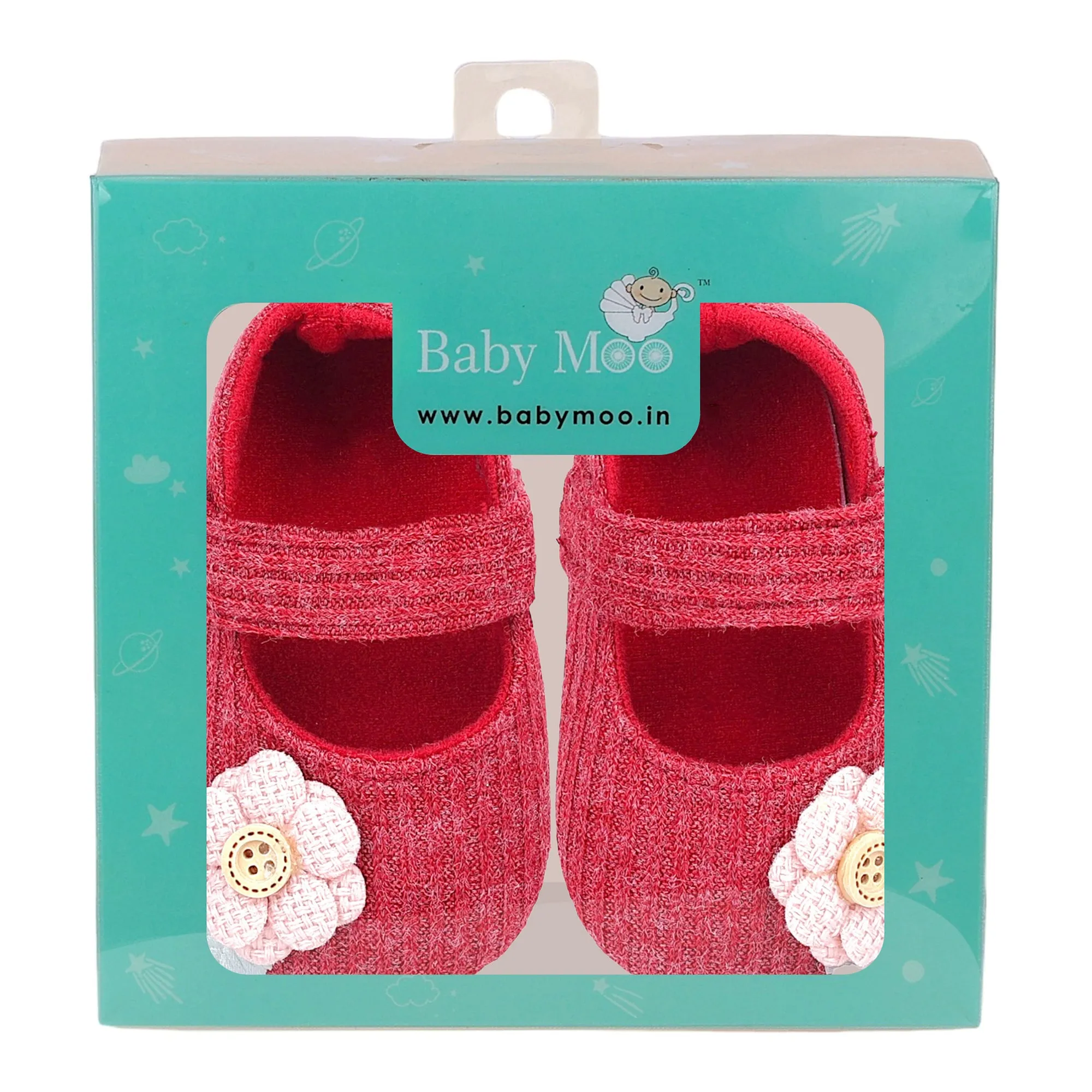 Baby Moo 3D Flower Button Velcro Strap Anti-Skid Ballerina Booties - Maroon