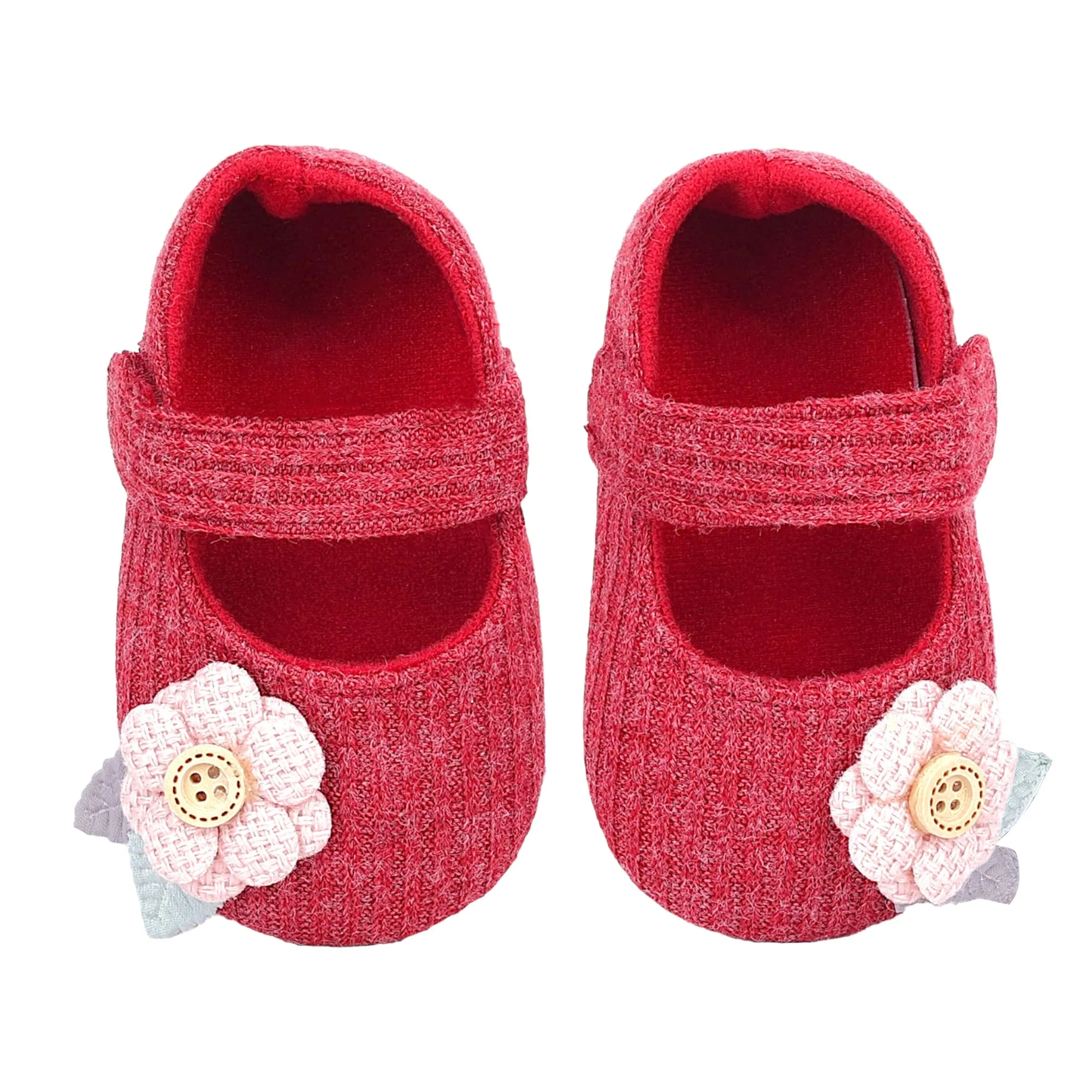 Baby Moo 3D Flower Button Velcro Strap Anti-Skid Ballerina Booties - Maroon