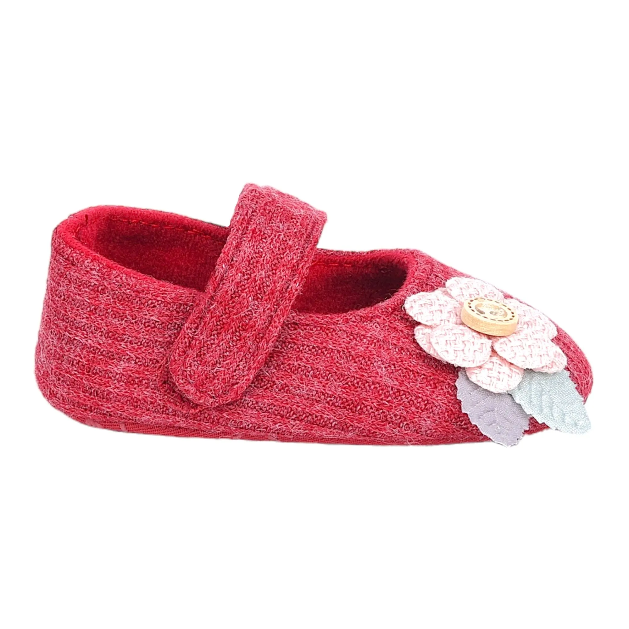 Baby Moo 3D Flower Button Velcro Strap Anti-Skid Ballerina Booties - Maroon