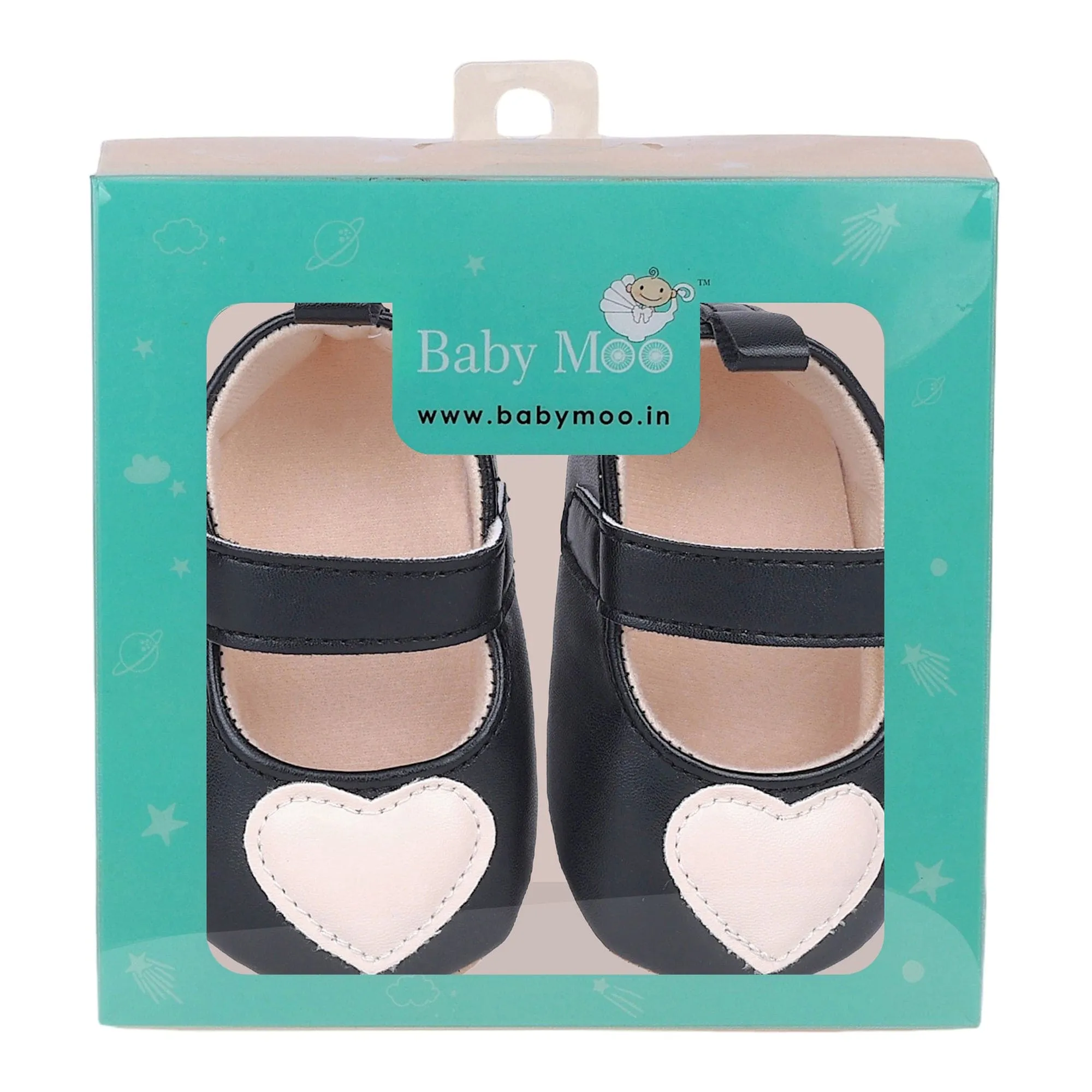 Baby Moo Beige Heart Velcro Strap Anti-Skid Ballerina Booties - Black