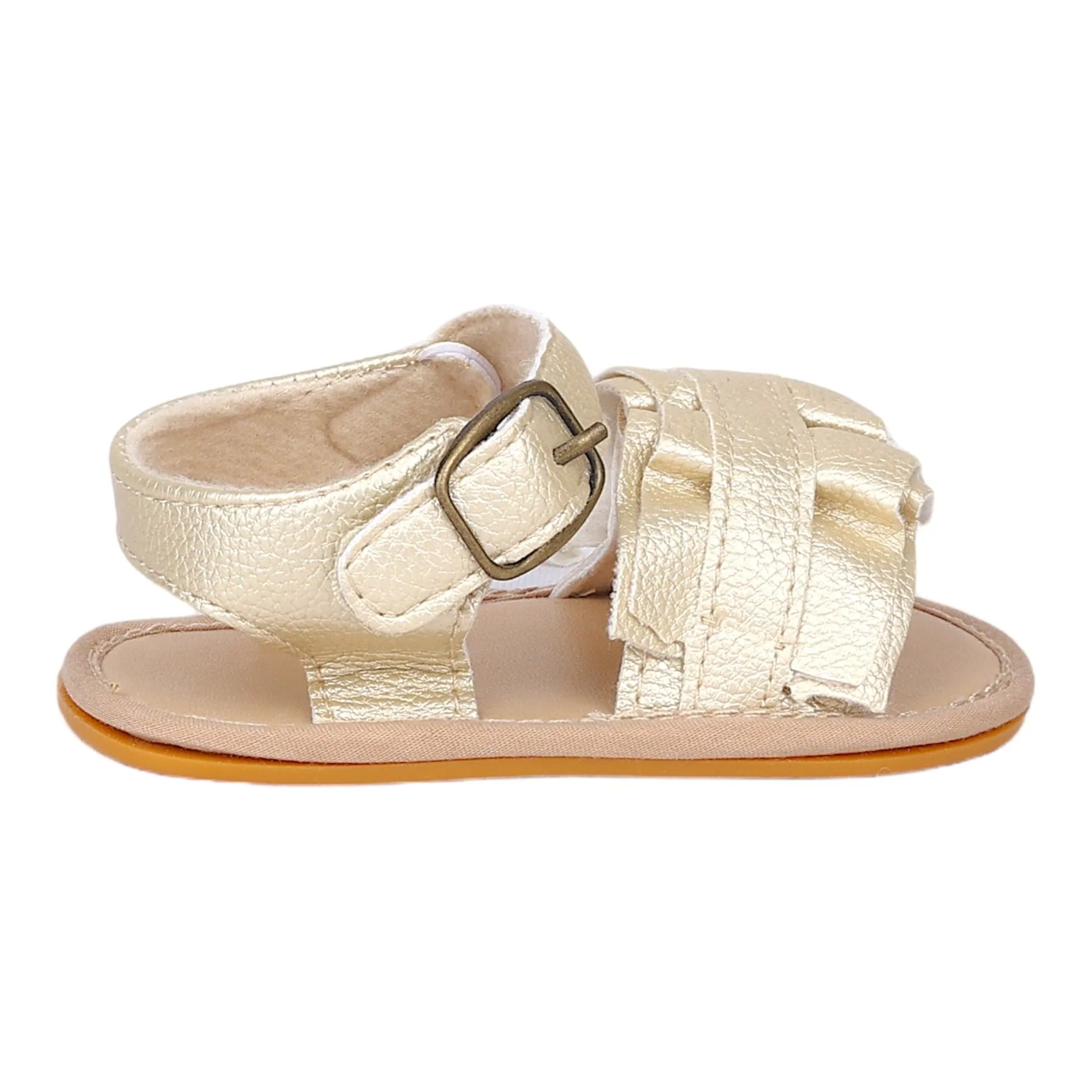 Baby Moo Frill Patterned Vegan Leather Buckle Strap Anti-Skid Sandals - Gold