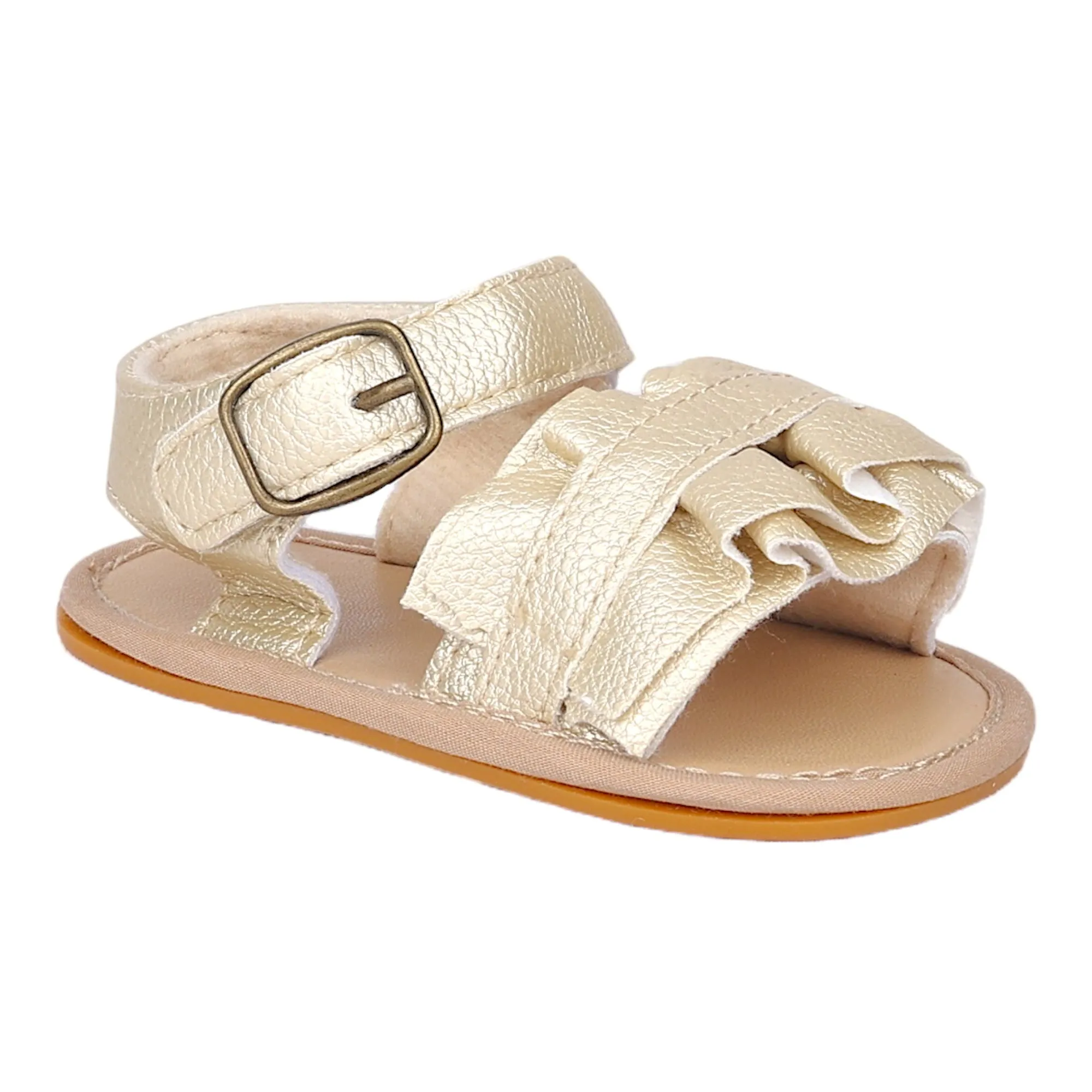 Baby Moo Frill Patterned Vegan Leather Buckle Strap Anti-Skid Sandals - Gold