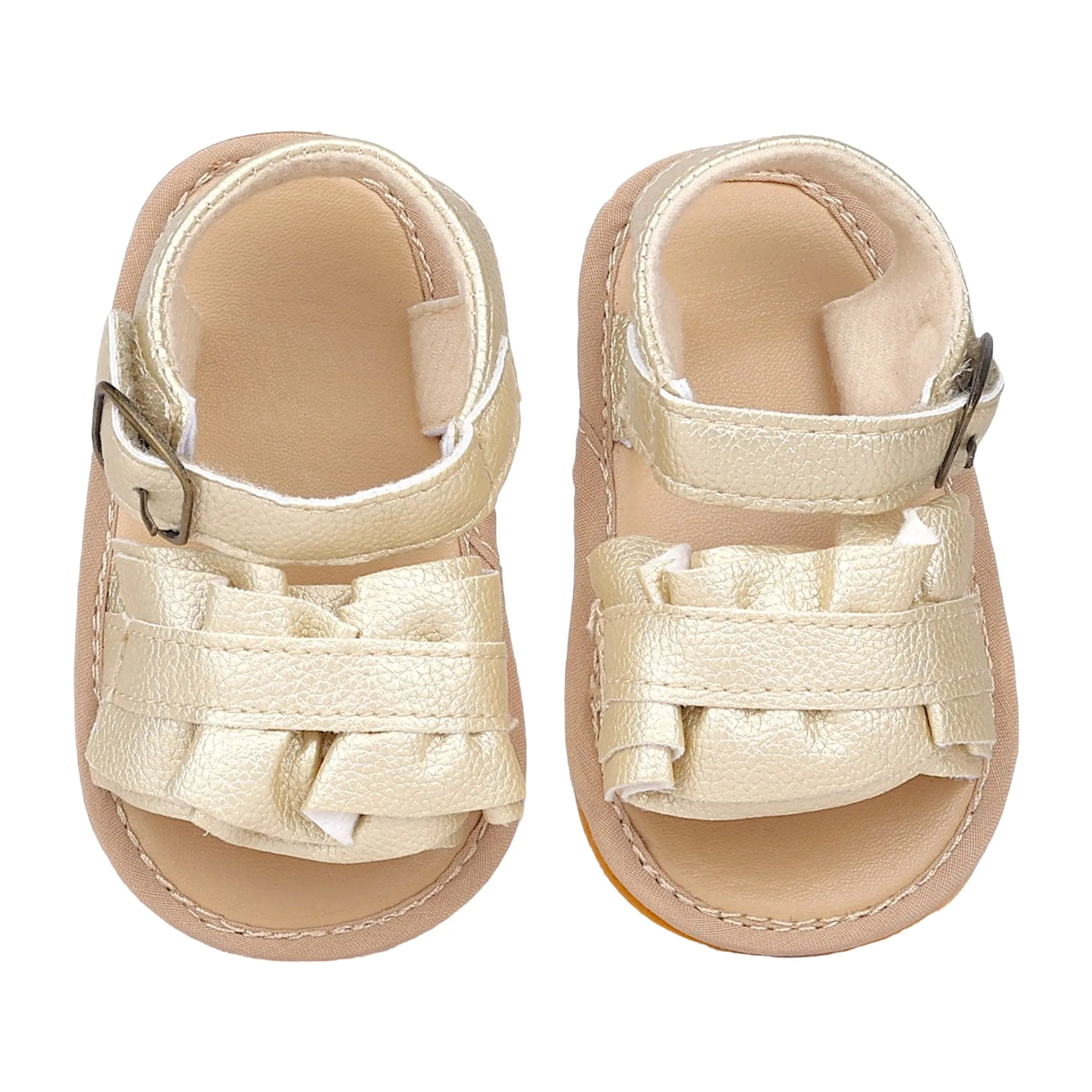 Baby Moo Frill Patterned Vegan Leather Buckle Strap Anti-Skid Sandals - Gold