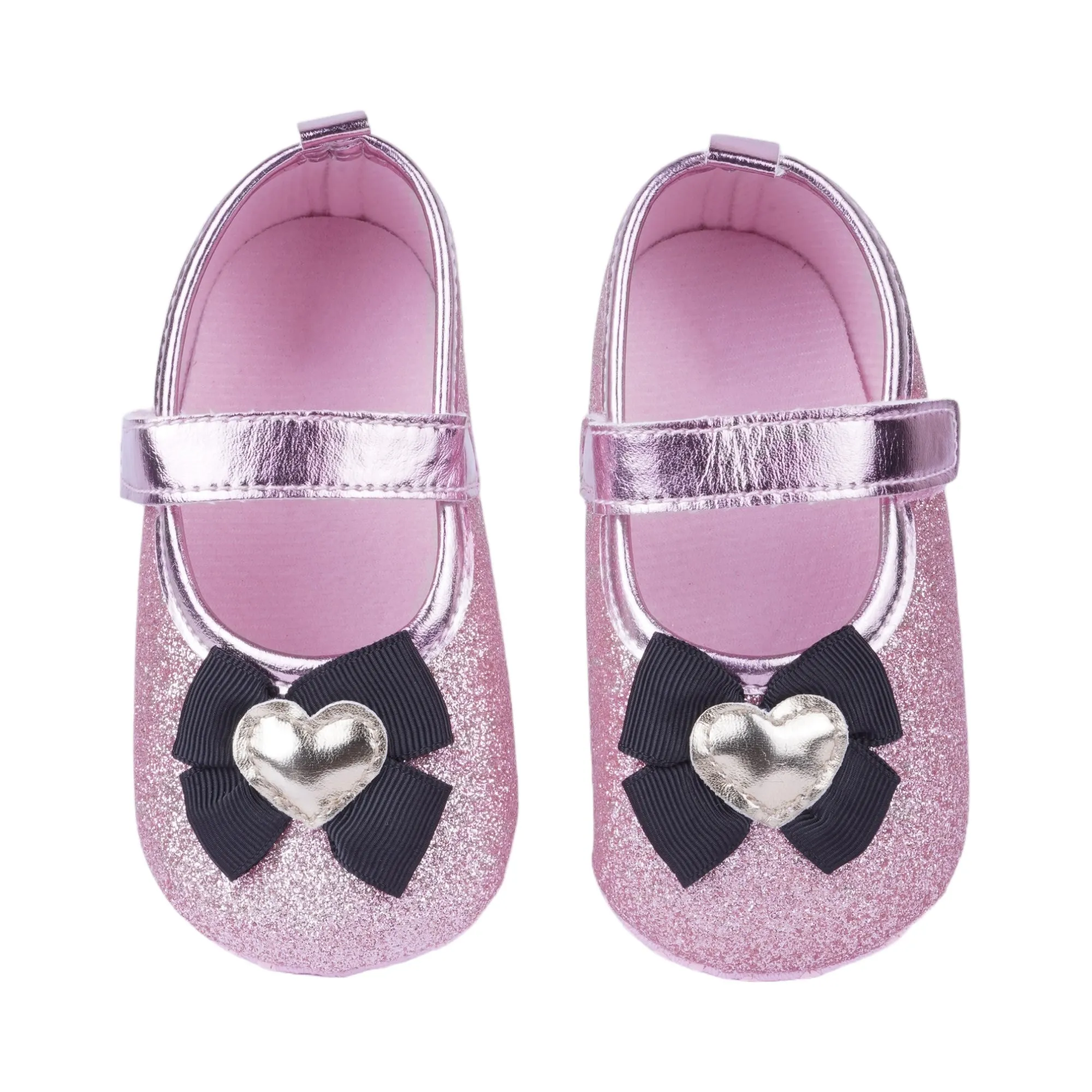 Baby Moo Golden Heart On Bow Glittery Anti-Skid Ballerina Booties - Purple