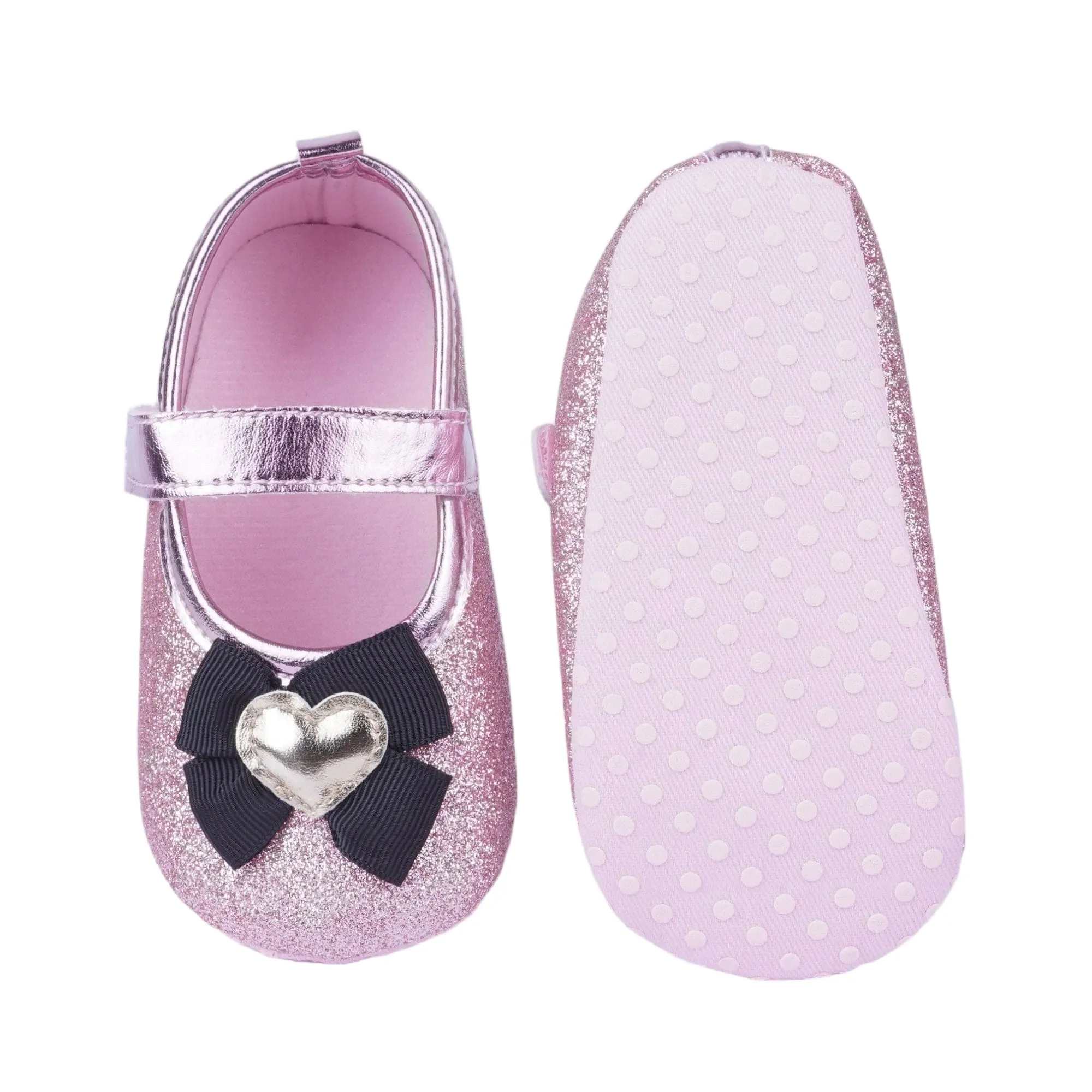 Baby Moo Golden Heart On Bow Glittery Anti-Skid Ballerina Booties - Purple