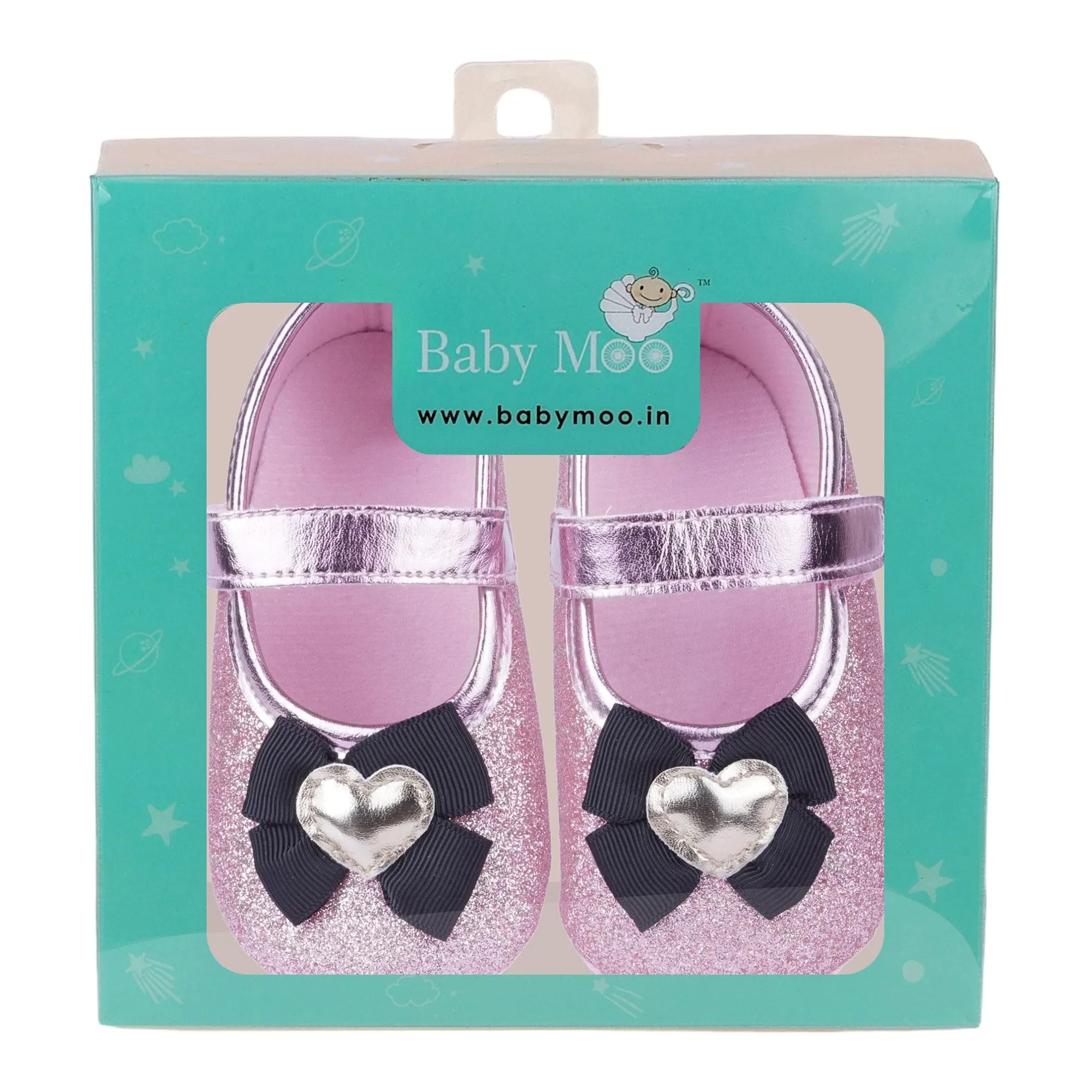 Baby Moo Golden Heart On Bow Glittery Anti-Skid Ballerina Booties - Purple