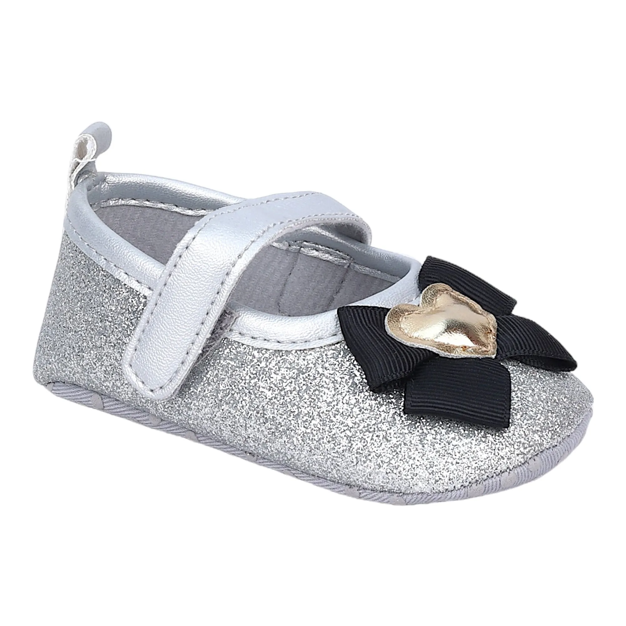 Baby Moo Golden Heart On Bow Glittery Anti-Skid Ballerina Booties - Silver