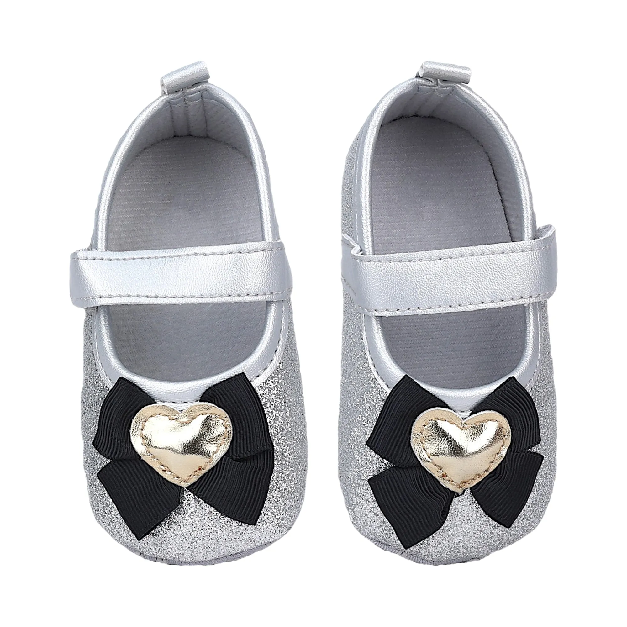 Baby Moo Golden Heart On Bow Glittery Anti-Skid Ballerina Booties - Silver