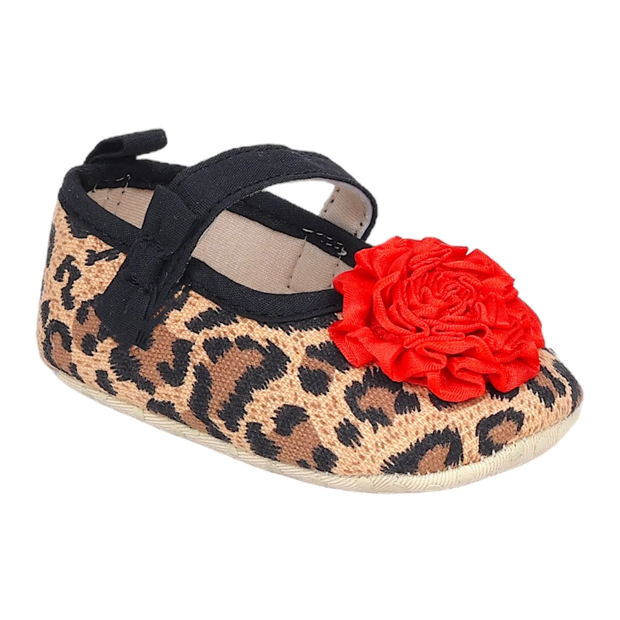 Baby Moo Leopard Printed Rose Applique Anti-Skid Ballerina Booties - Beige