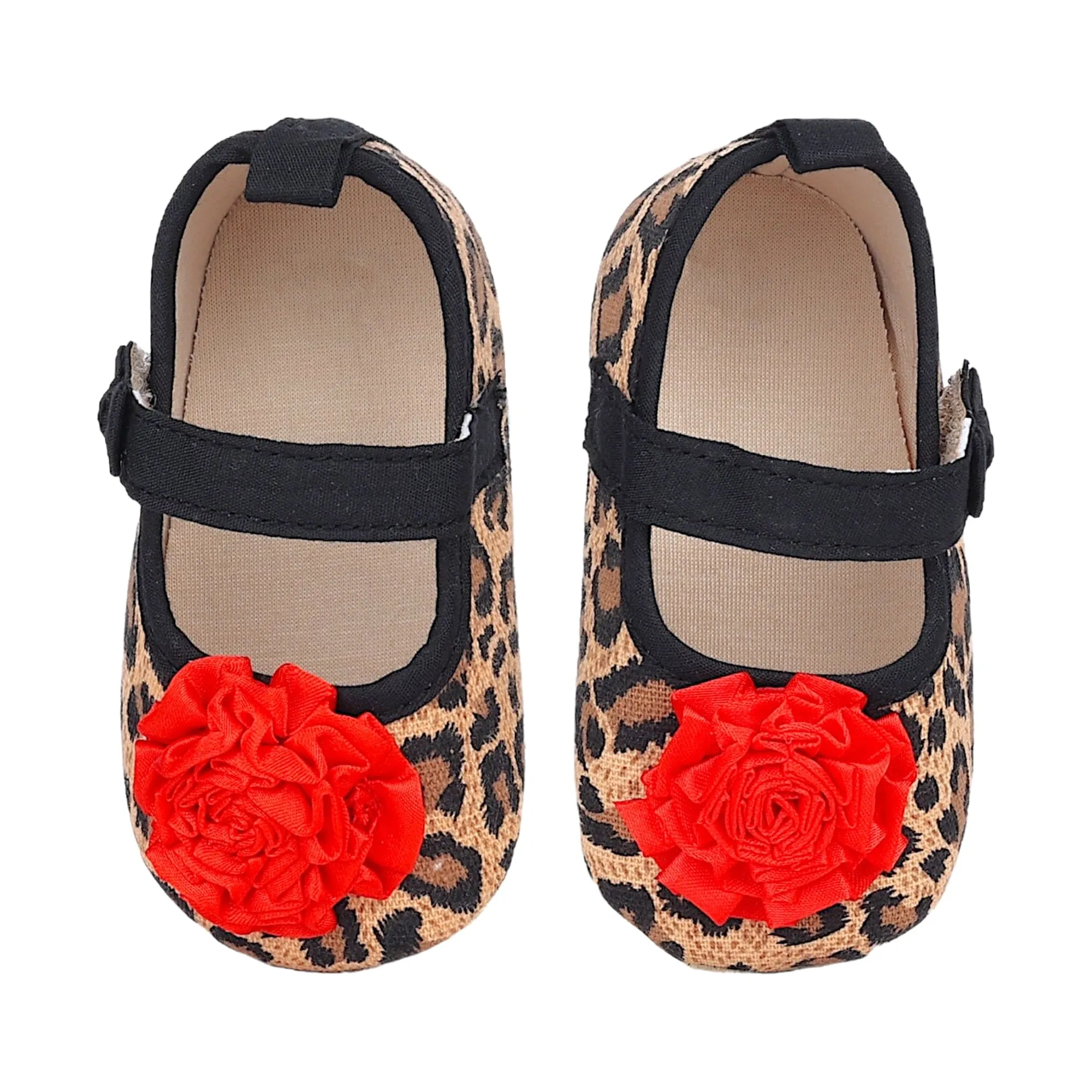 Baby Moo Leopard Printed Rose Applique Anti-Skid Ballerina Booties - Beige