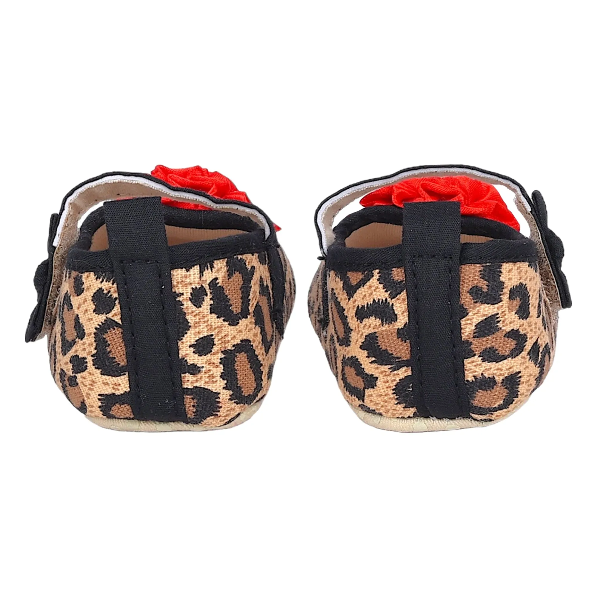 Baby Moo Leopard Printed Rose Applique Anti-Skid Ballerina Booties - Beige