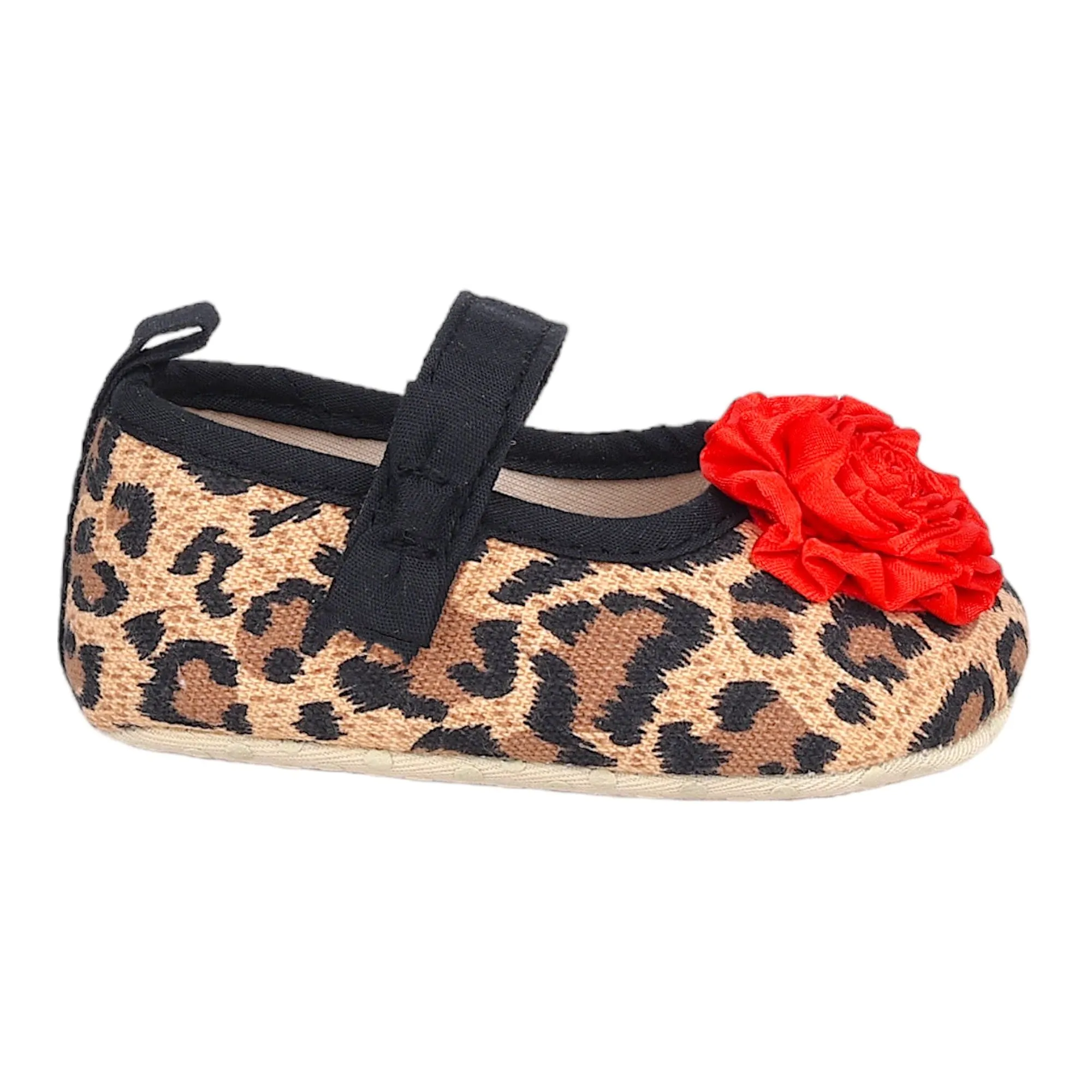 Baby Moo Leopard Printed Rose Applique Anti-Skid Ballerina Booties - Beige