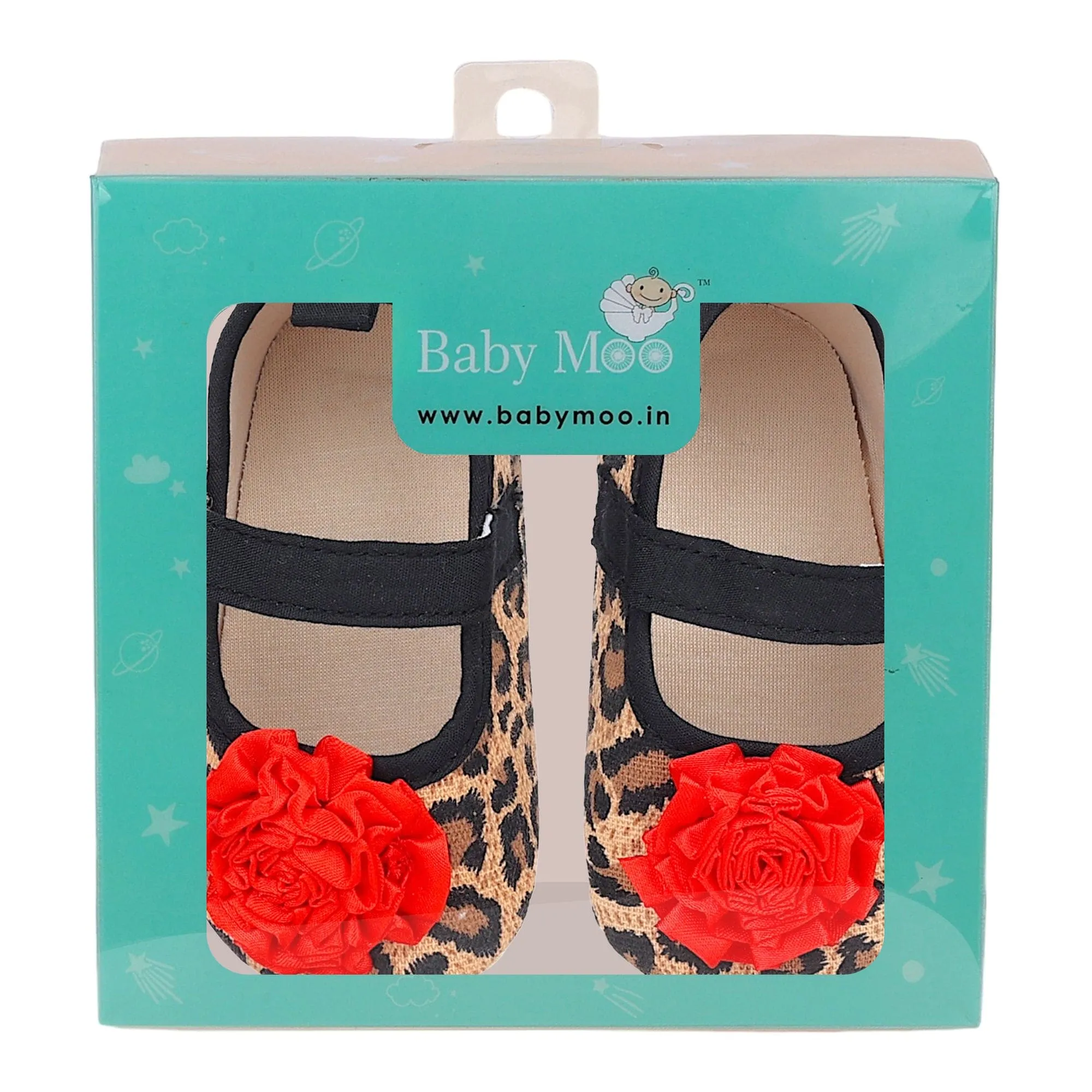 Baby Moo Leopard Printed Rose Applique Anti-Skid Ballerina Booties - Beige