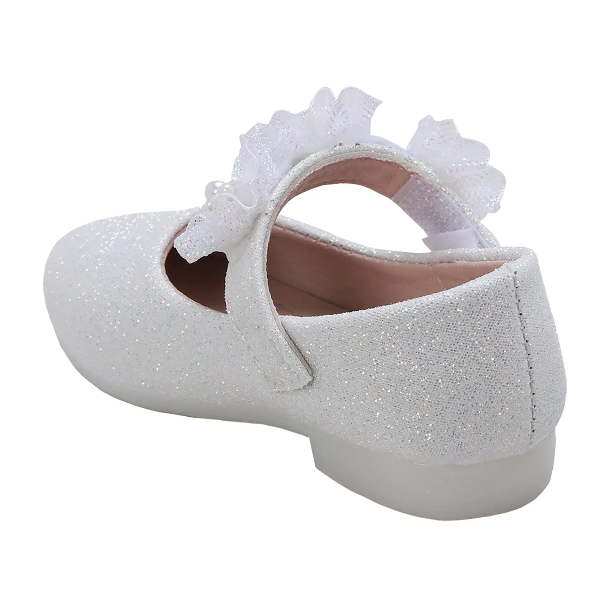 Baby Moo Mary Jane Glittery Floral Applique On Velcro Strap Anti-Skid Ballerina Shoes - White