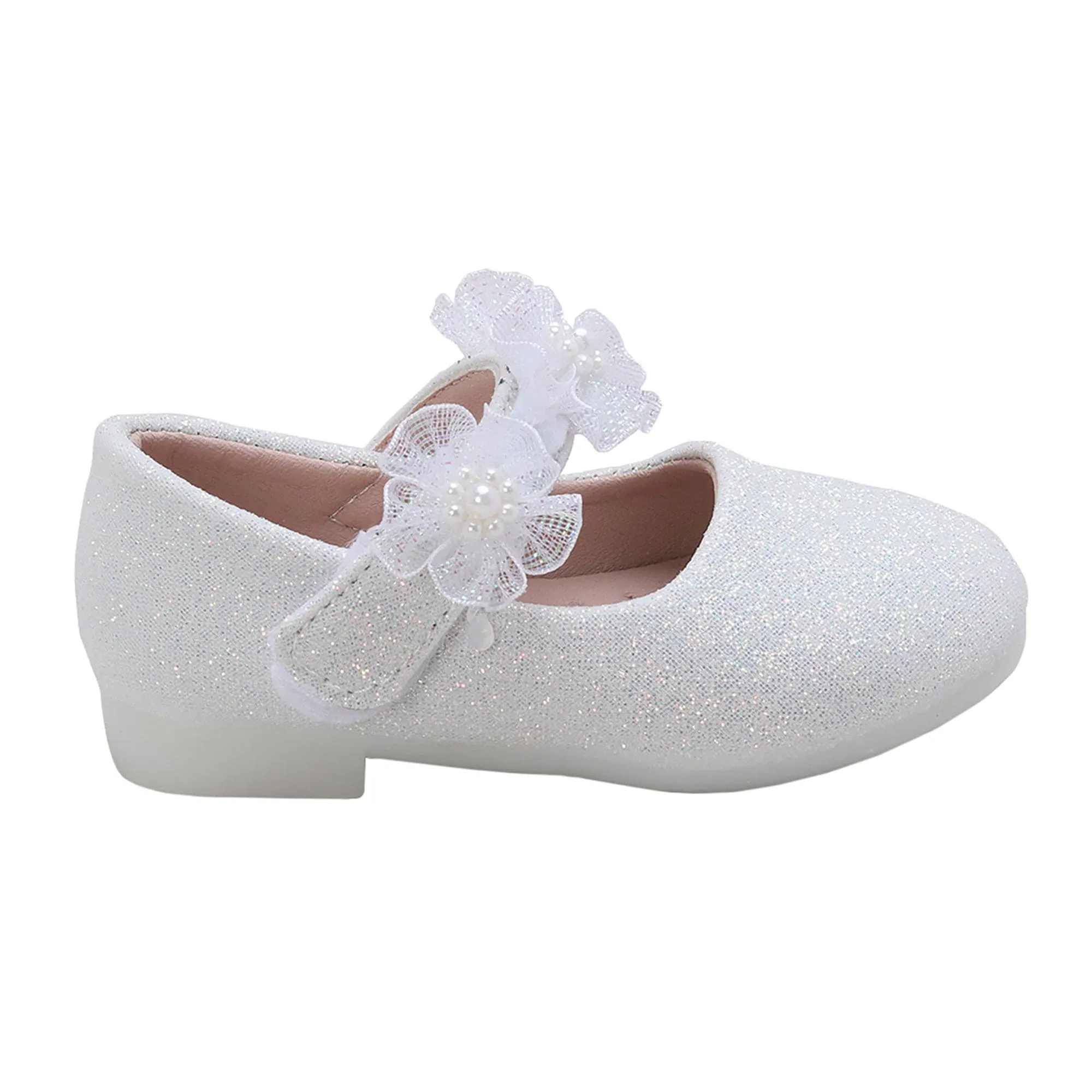 Baby Moo Mary Jane Glittery Floral Applique On Velcro Strap Anti-Skid Ballerina Shoes - White