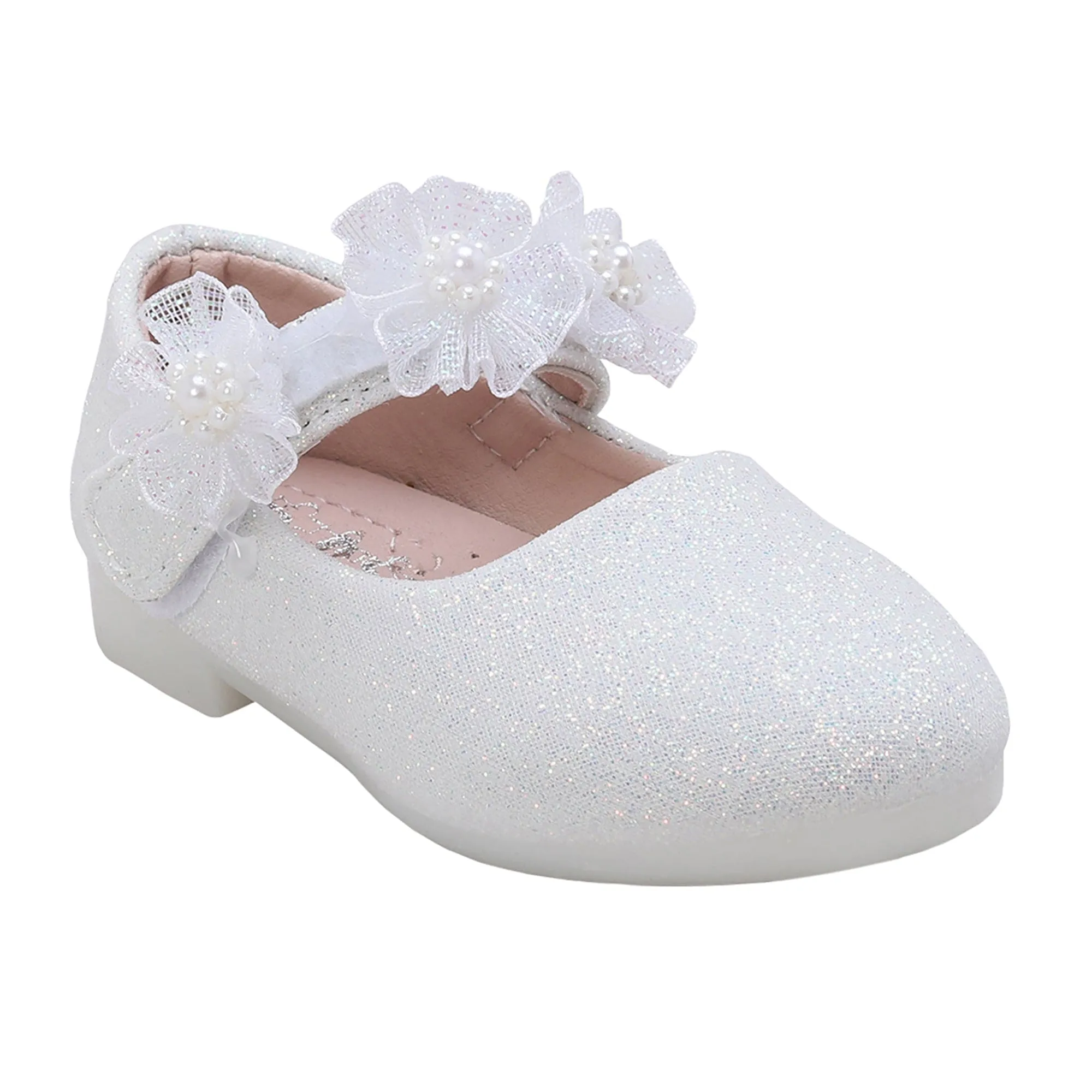 Baby Moo Mary Jane Glittery Floral Applique On Velcro Strap Anti-Skid Ballerina Shoes - White