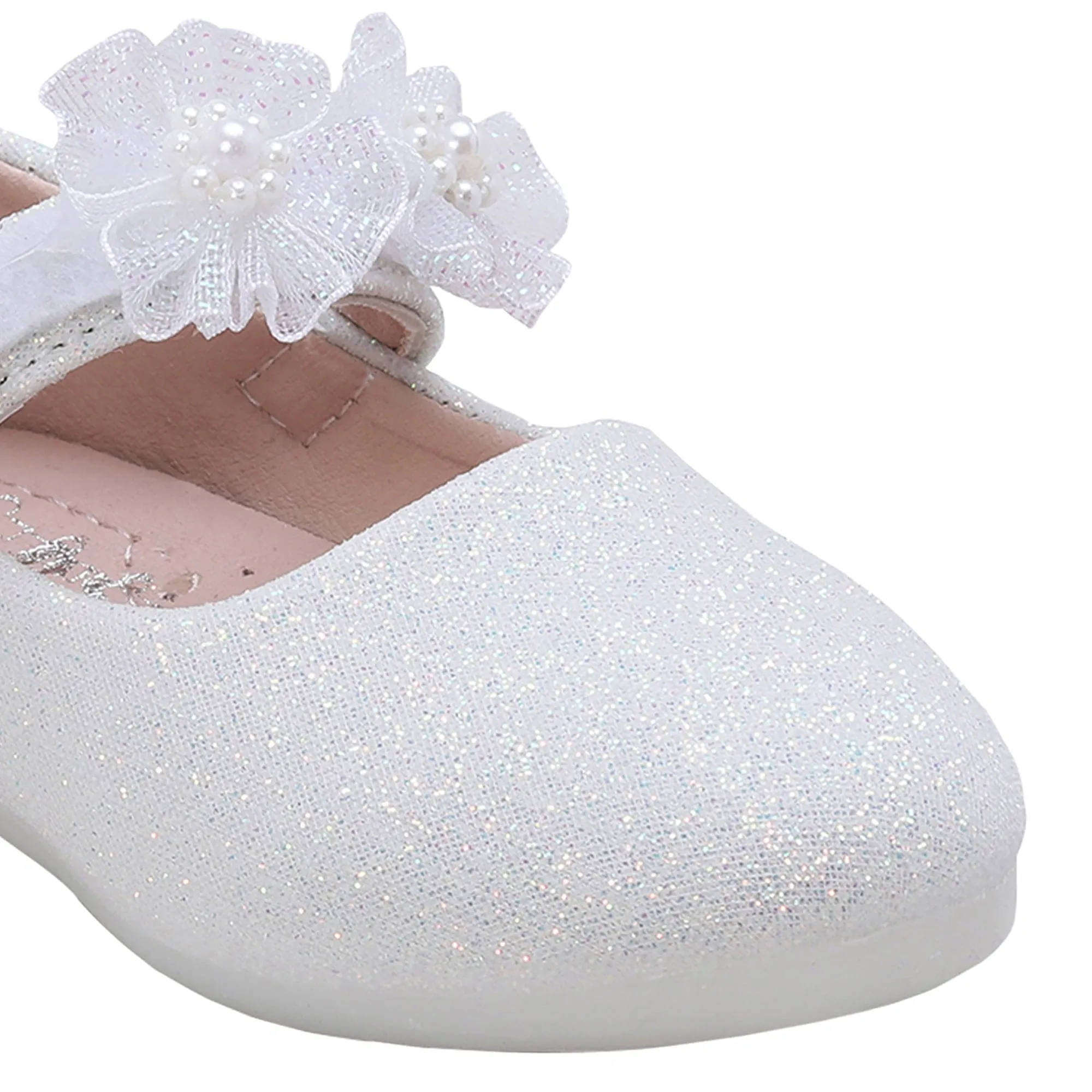 Baby Moo Mary Jane Glittery Floral Applique On Velcro Strap Anti-Skid Ballerina Shoes - White