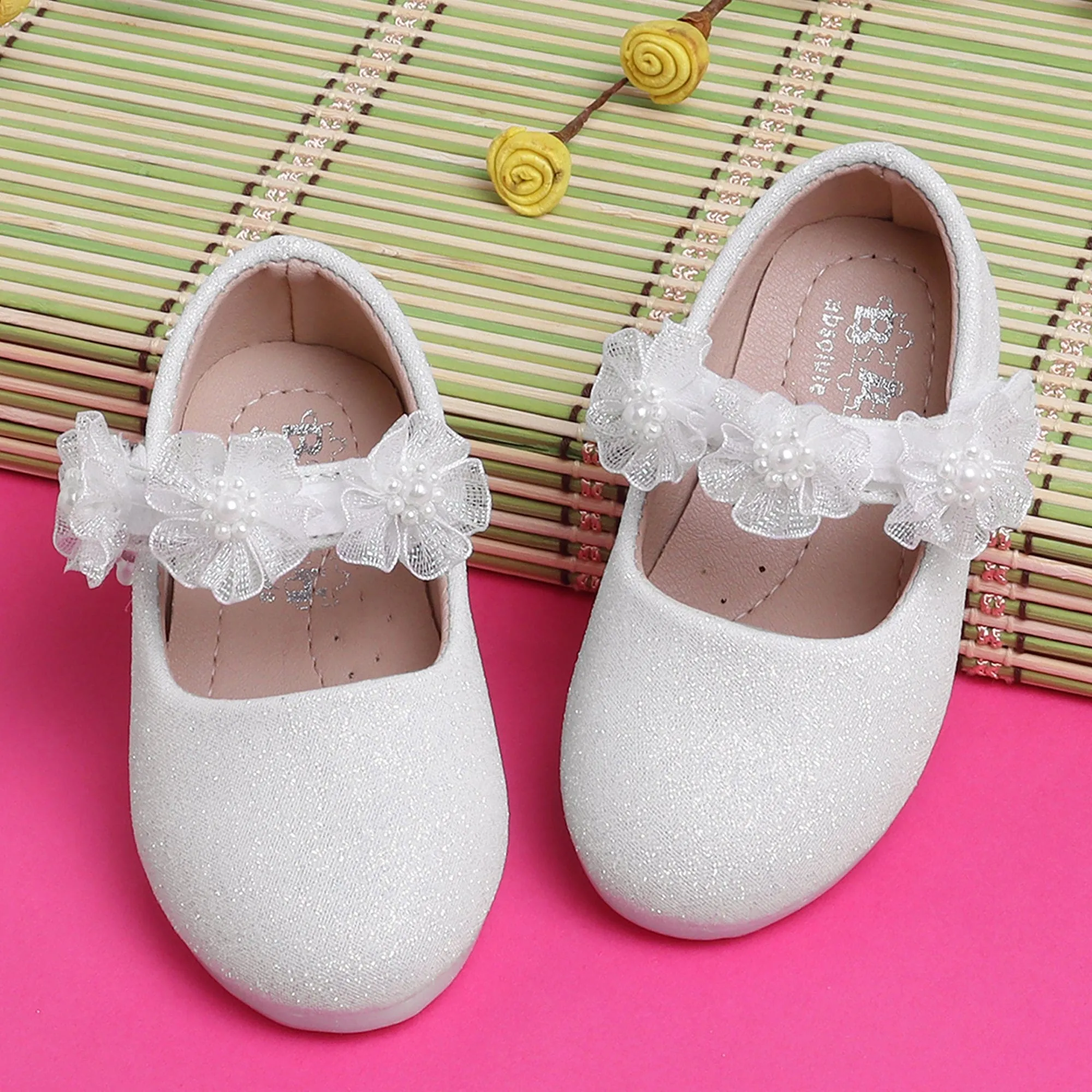 Baby Moo Mary Jane Glittery Floral Applique On Velcro Strap Anti-Skid Ballerina Shoes - White