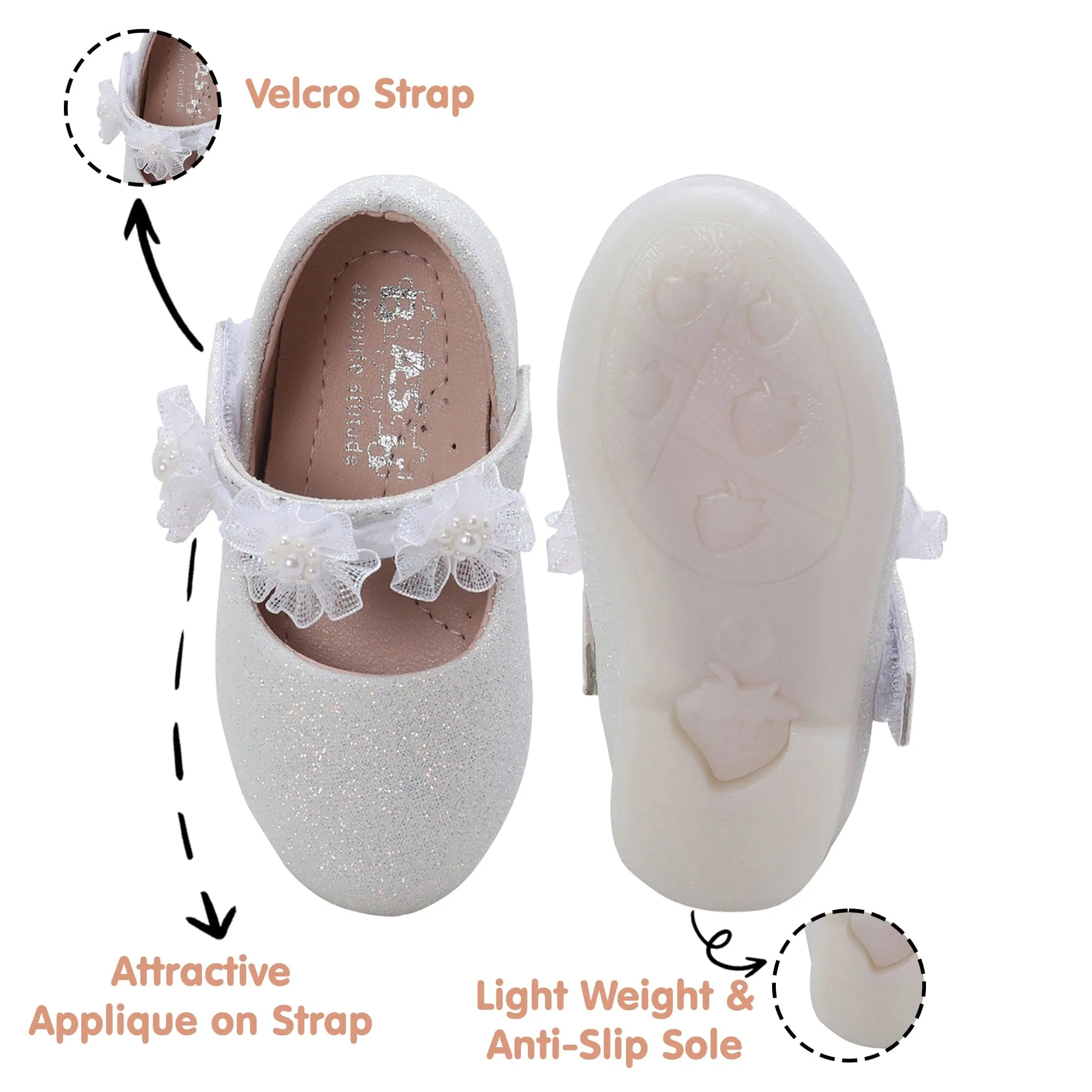 Baby Moo Mary Jane Glittery Floral Applique On Velcro Strap Anti-Skid Ballerina Shoes - White