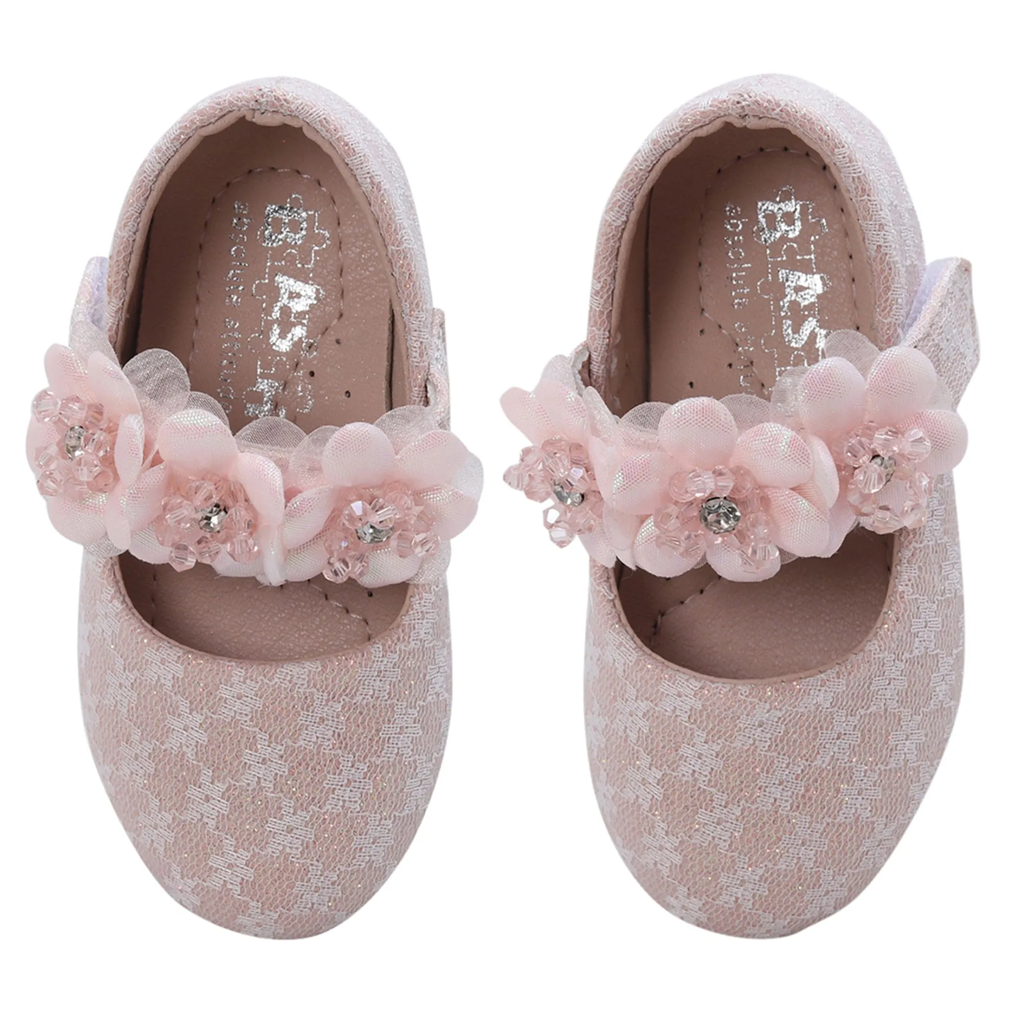 Baby Moo Mary Jane Lace Floral Applique On Velcro Strap Anti-Skid Ballerina Shoes - Pink