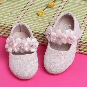 Baby Moo Mary Jane Lace Floral Applique On Velcro Strap Anti-Skid Ballerina Shoes - Pink