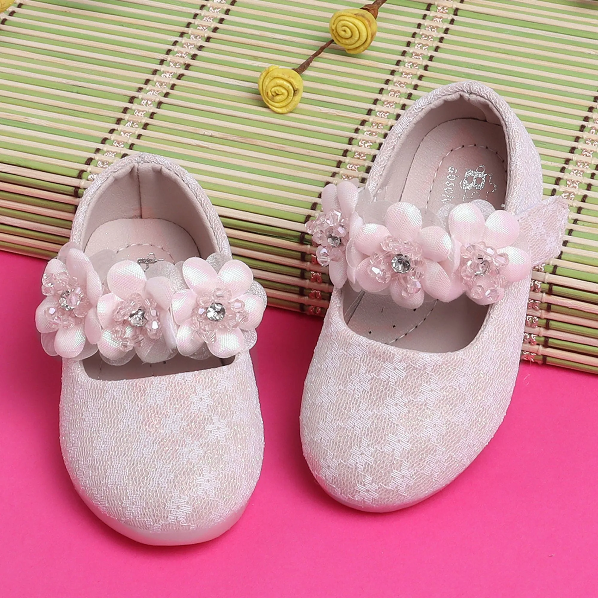 Baby Moo Mary Jane Lace Floral Applique On Velcro Strap Anti-Skid Ballerina Shoes - Pink