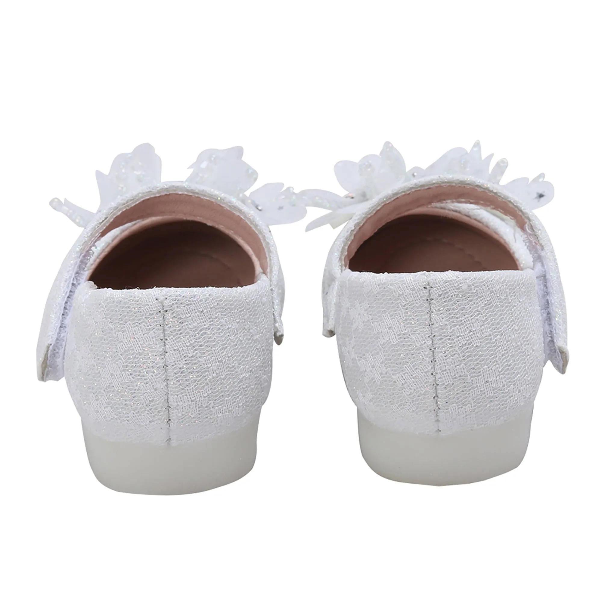 Baby Moo Rhinestone Floral Applique Lace Mary Jane Velcro Strap Anti-Skid Ballerina Shoes - White