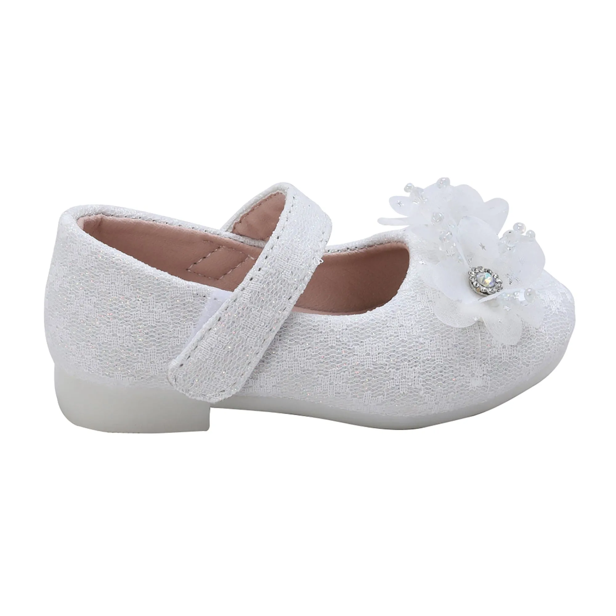 Baby Moo Rhinestone Floral Applique Lace Mary Jane Velcro Strap Anti-Skid Ballerina Shoes - White