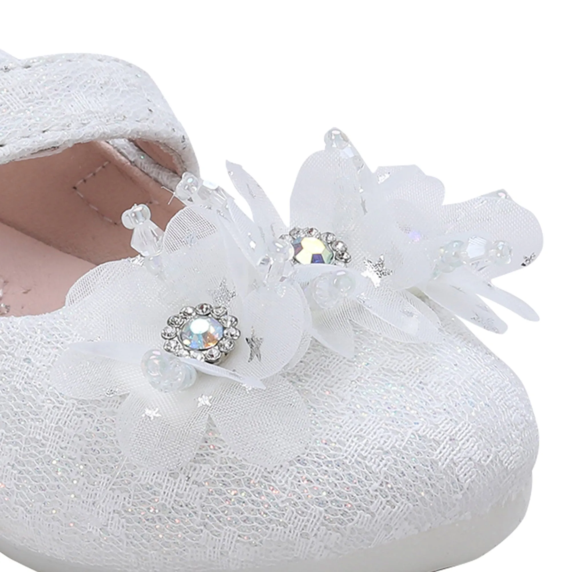 Baby Moo Rhinestone Floral Applique Lace Mary Jane Velcro Strap Anti-Skid Ballerina Shoes - White