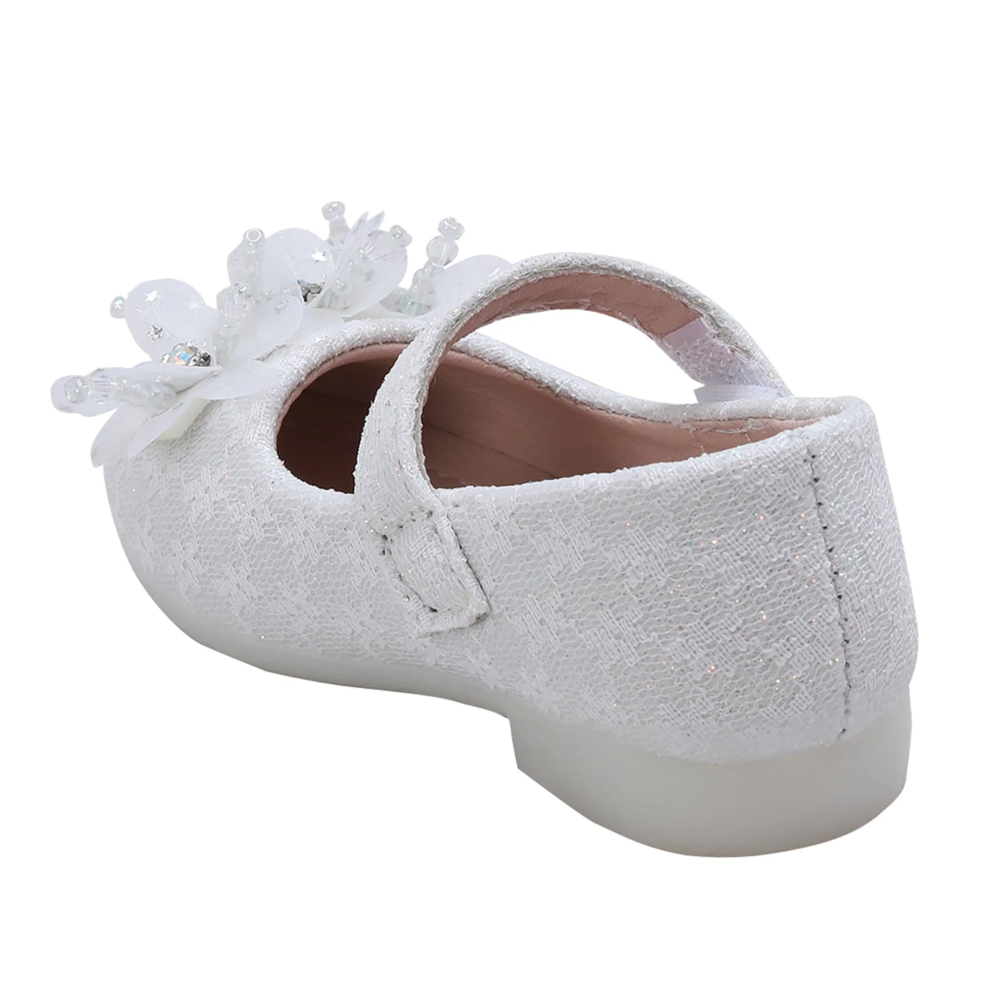 Baby Moo Rhinestone Floral Applique Lace Mary Jane Velcro Strap Anti-Skid Ballerina Shoes - White