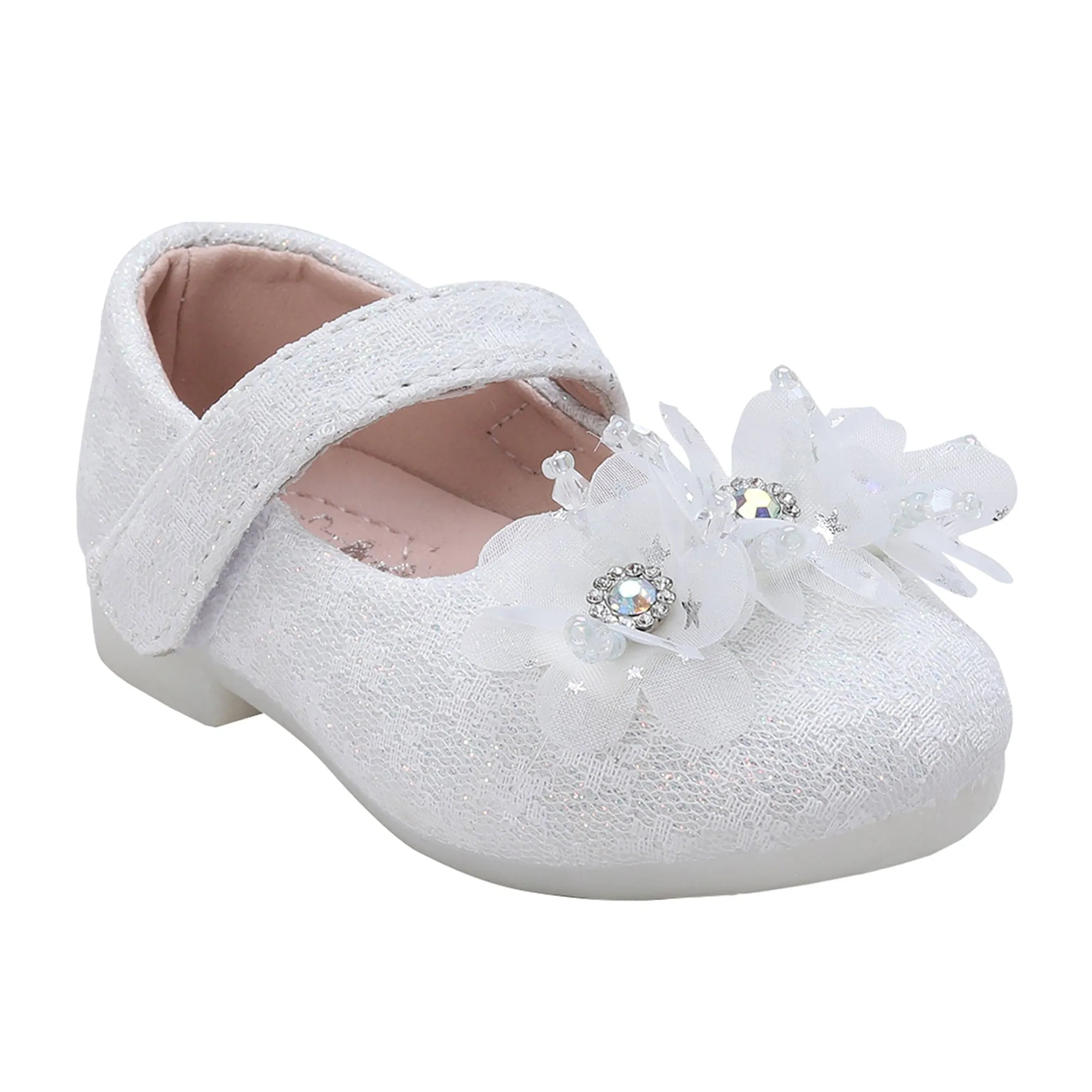 Baby Moo Rhinestone Floral Applique Lace Mary Jane Velcro Strap Anti-Skid Ballerina Shoes - White