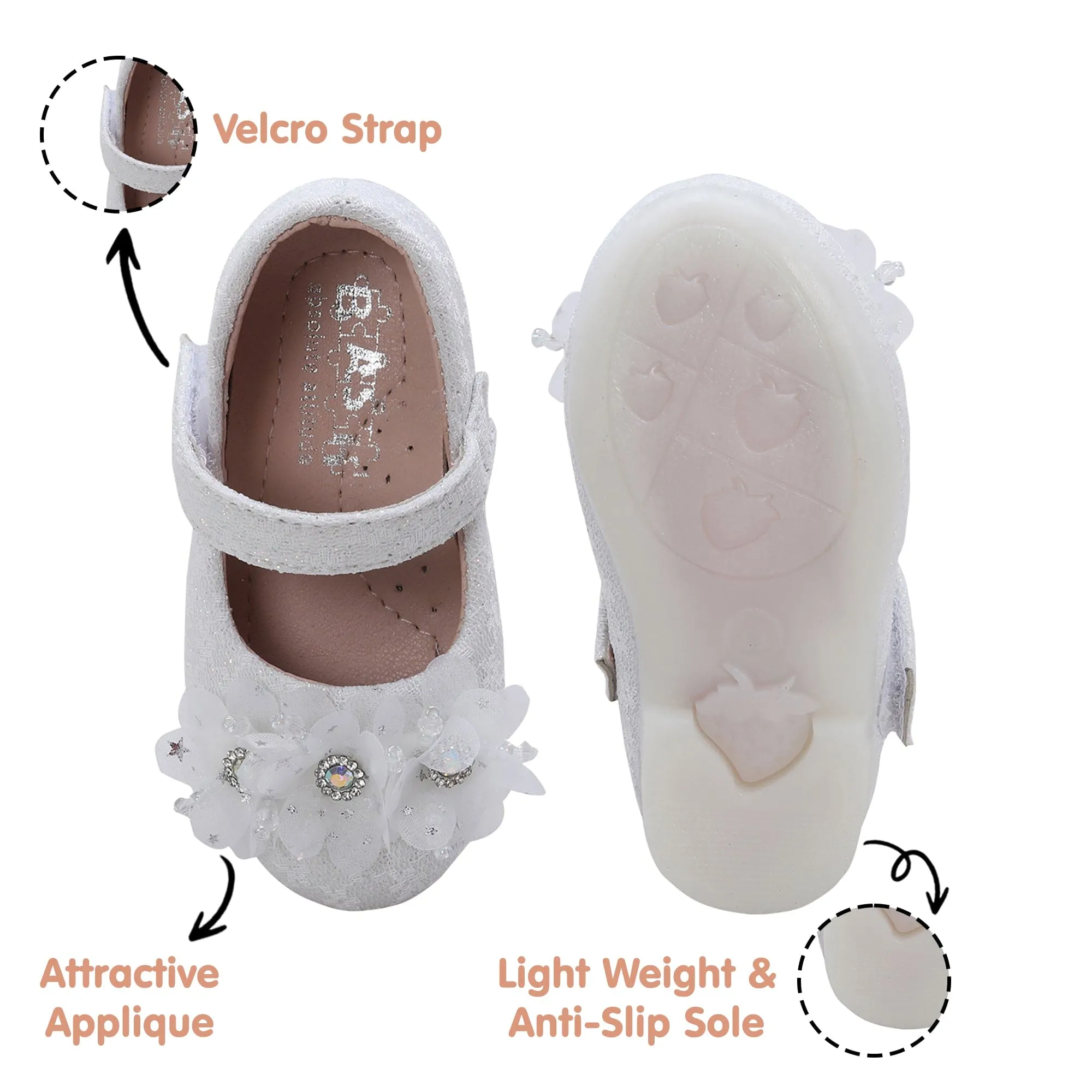 Baby Moo Rhinestone Floral Applique Lace Mary Jane Velcro Strap Anti-Skid Ballerina Shoes - White