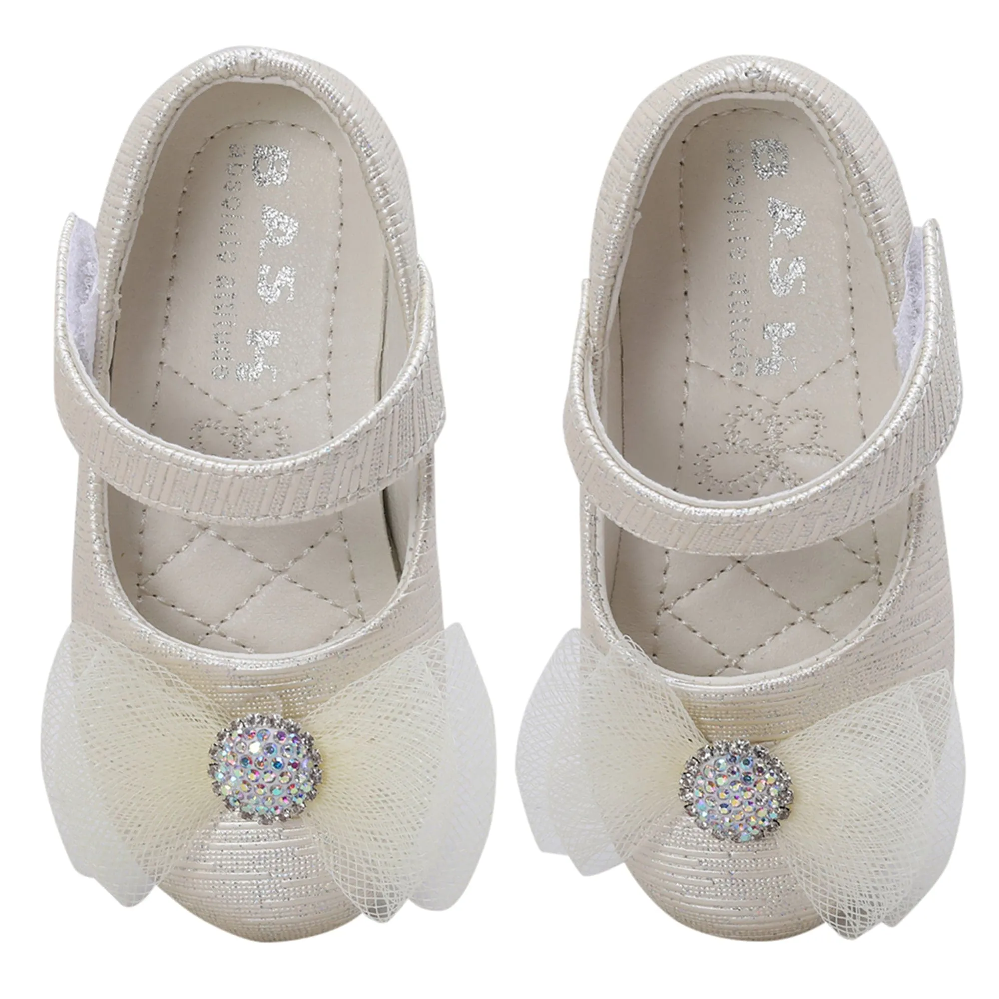 Baby Moo Royal Rhinestone Bow Velcro Strap Anti-Skid Ballerina Shoes - Gold