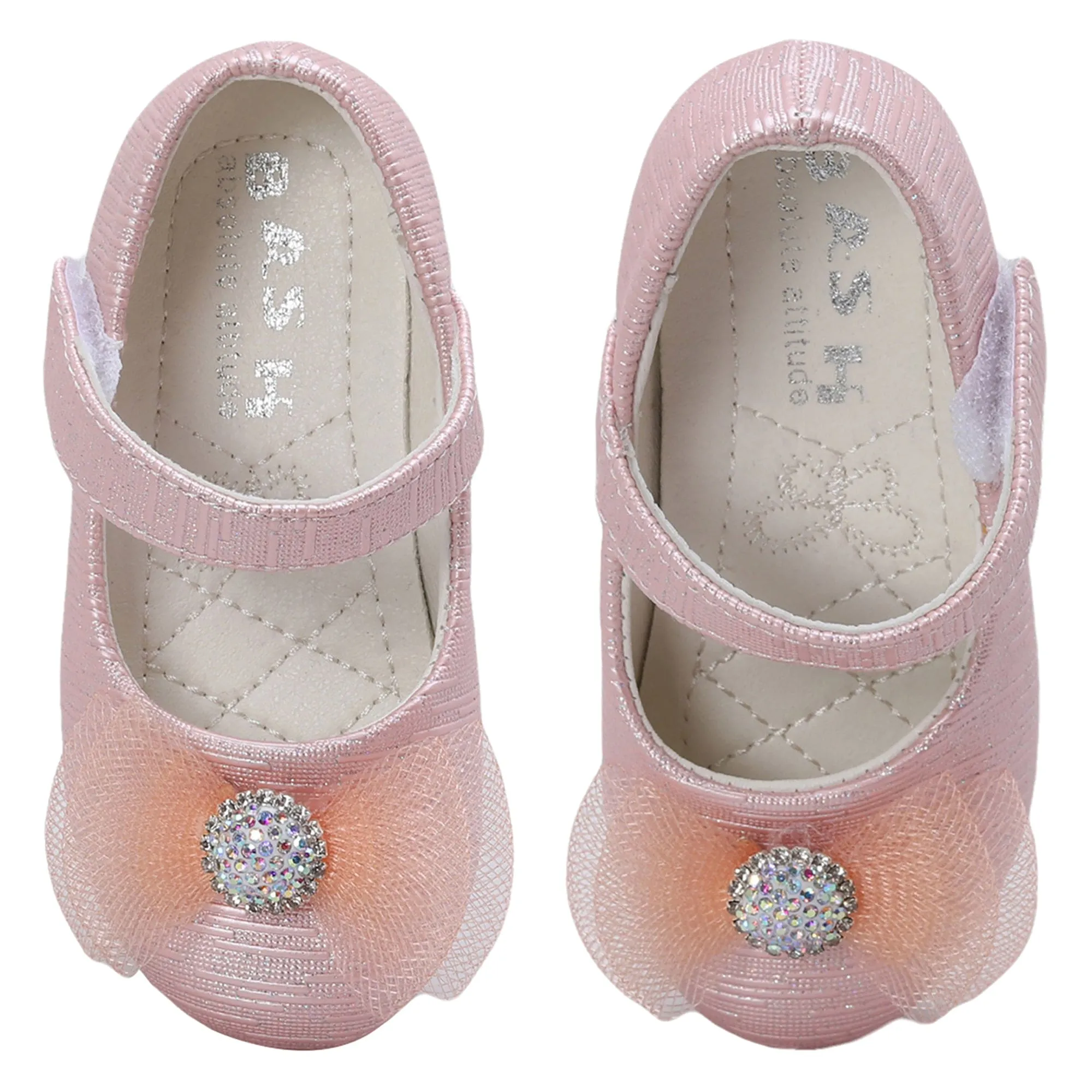 Baby Moo Royal Rhinestone Bow Velcro Strap Anti-Skid Ballerina Shoes - Pink