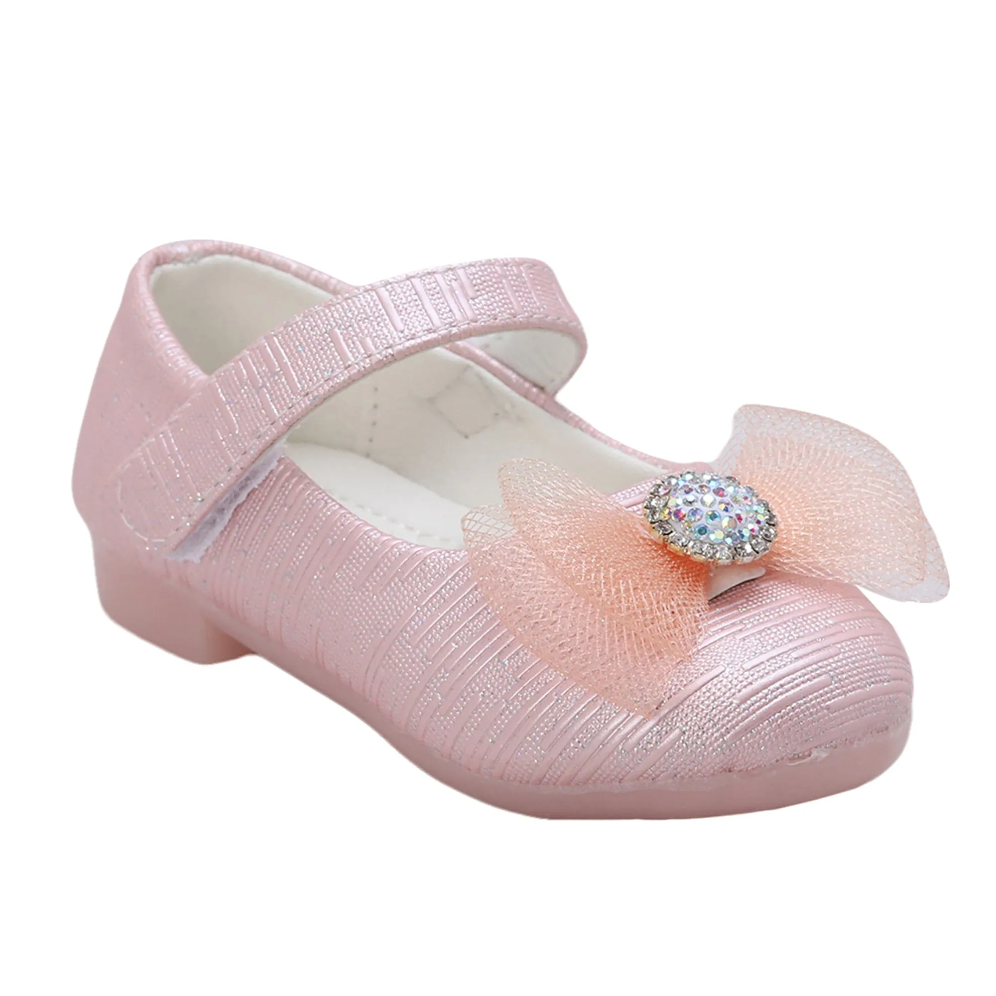 Baby Moo Royal Rhinestone Bow Velcro Strap Anti-Skid Ballerina Shoes - Pink