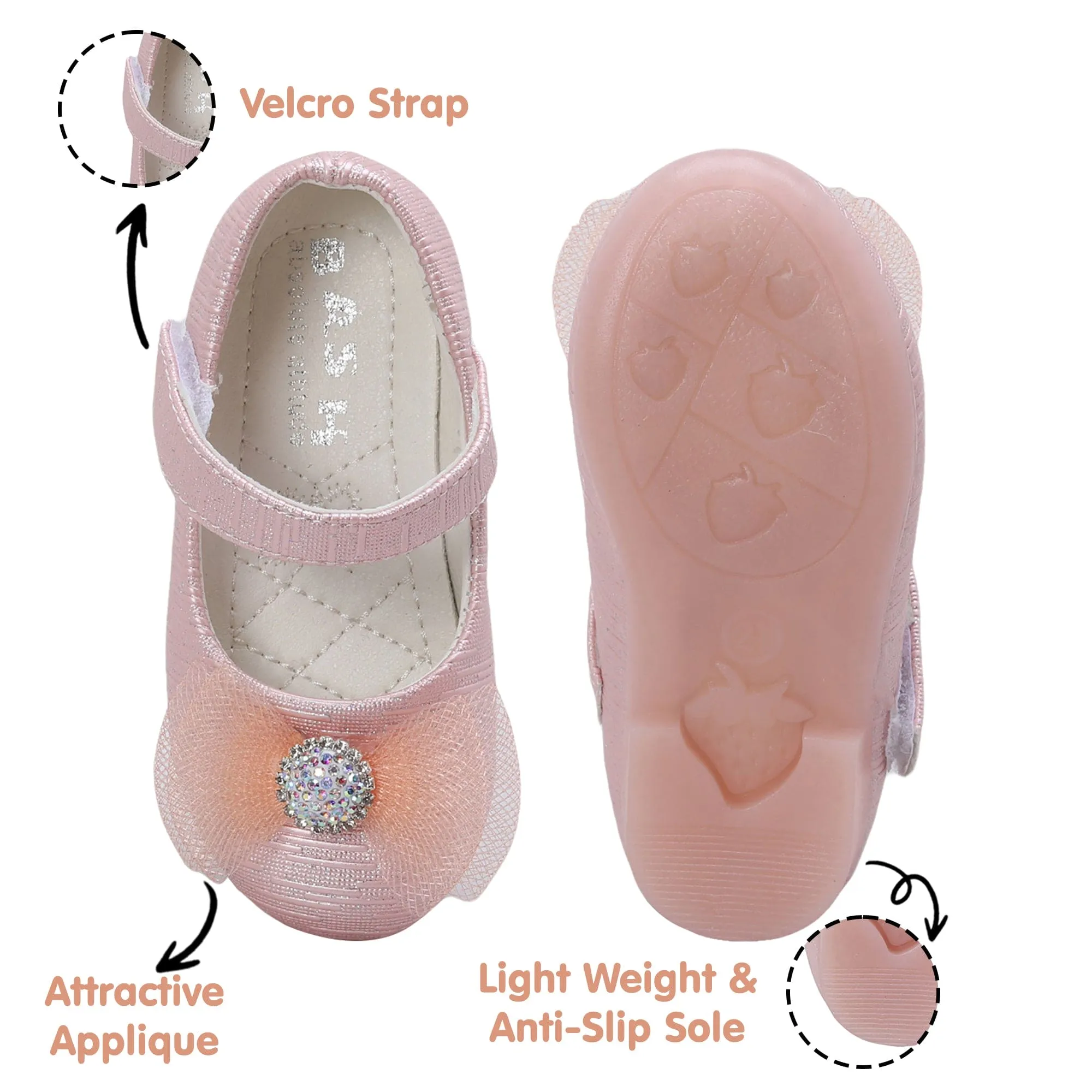 Baby Moo Royal Rhinestone Bow Velcro Strap Anti-Skid Ballerina Shoes - Pink