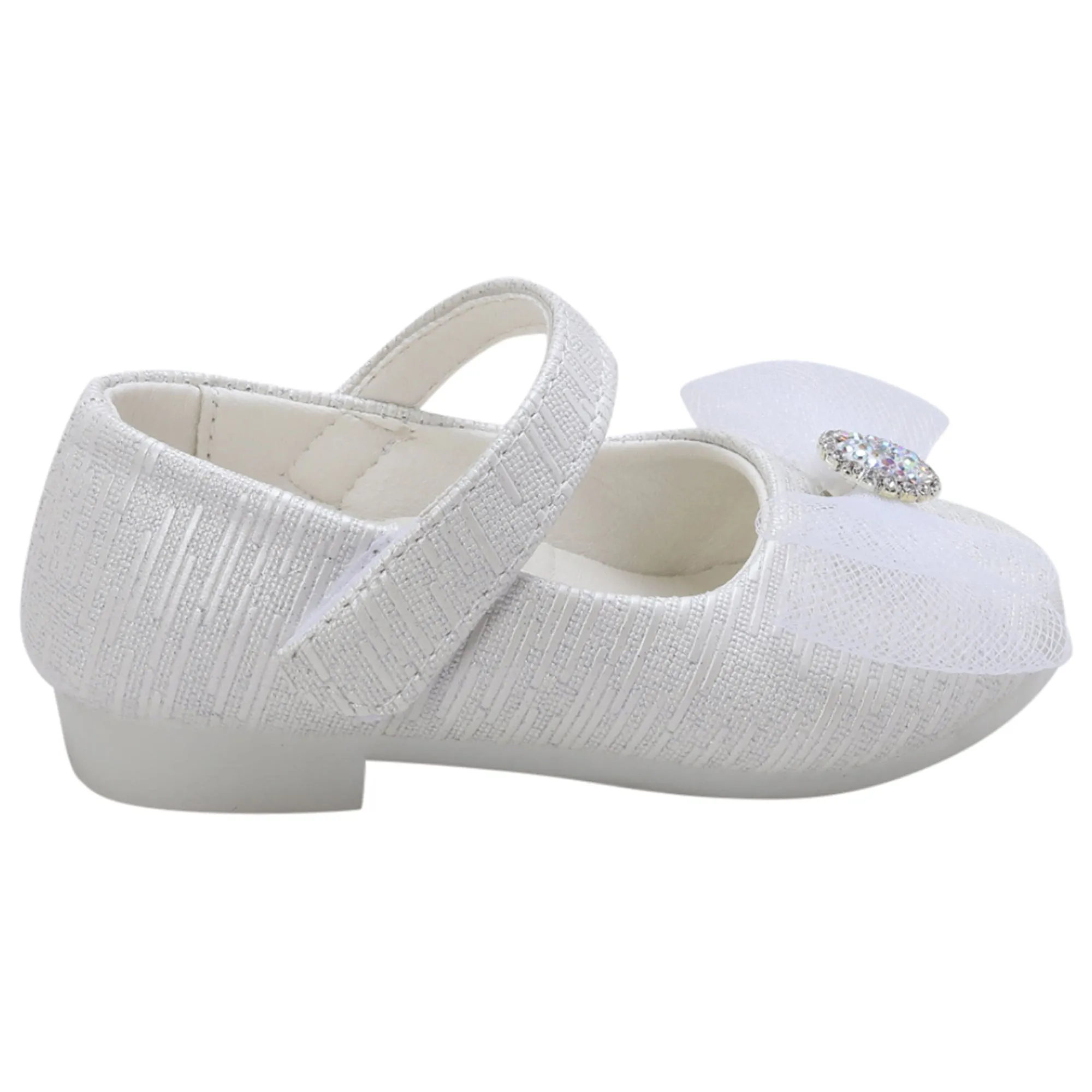 Baby Moo Royal Rhinestone Bow Velcro Strap Anti-Skid Ballerina Shoes - White