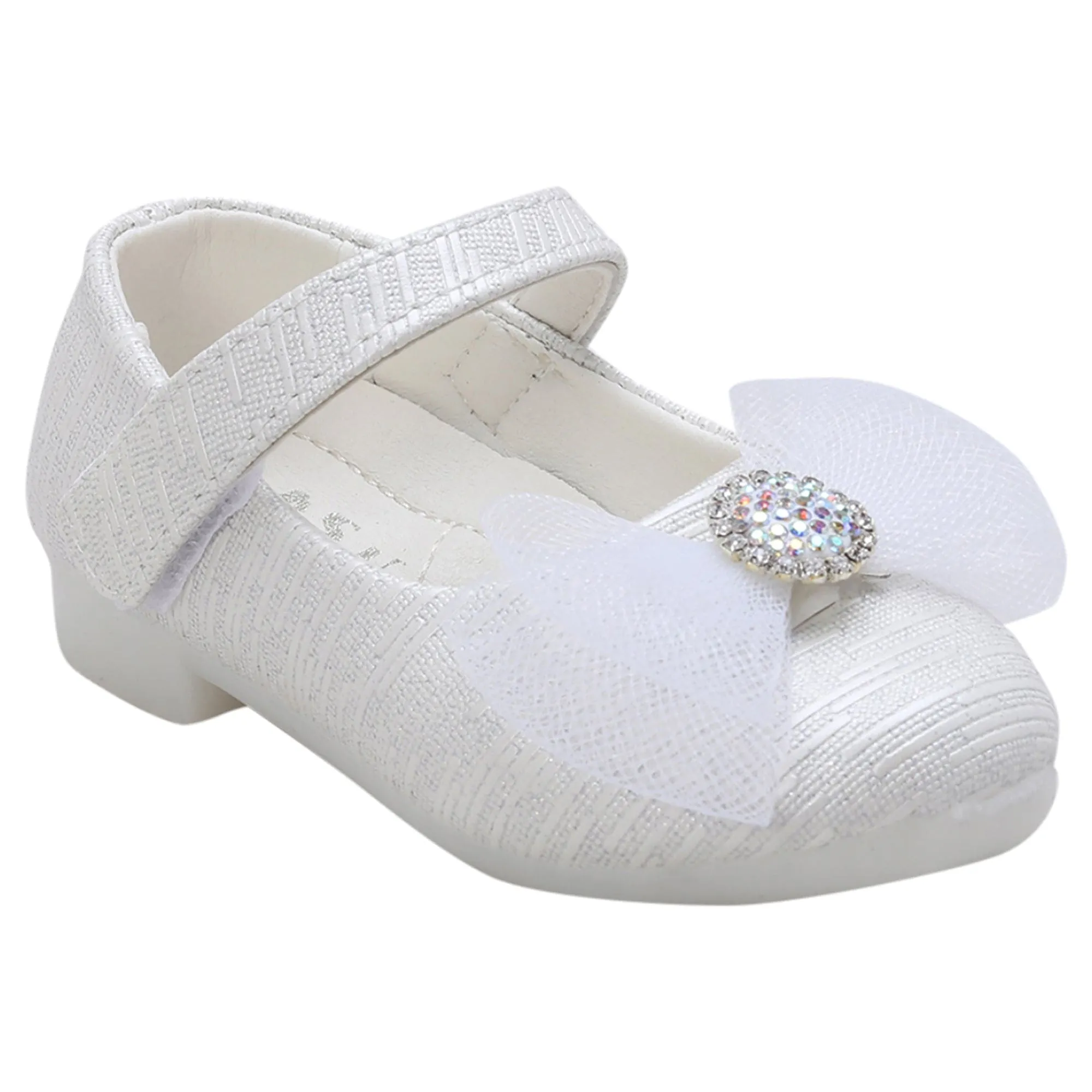 Baby Moo Royal Rhinestone Bow Velcro Strap Anti-Skid Ballerina Shoes - White