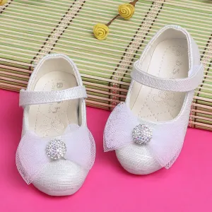 Baby Moo Royal Rhinestone Bow Velcro Strap Anti-Skid Ballerina Shoes - White