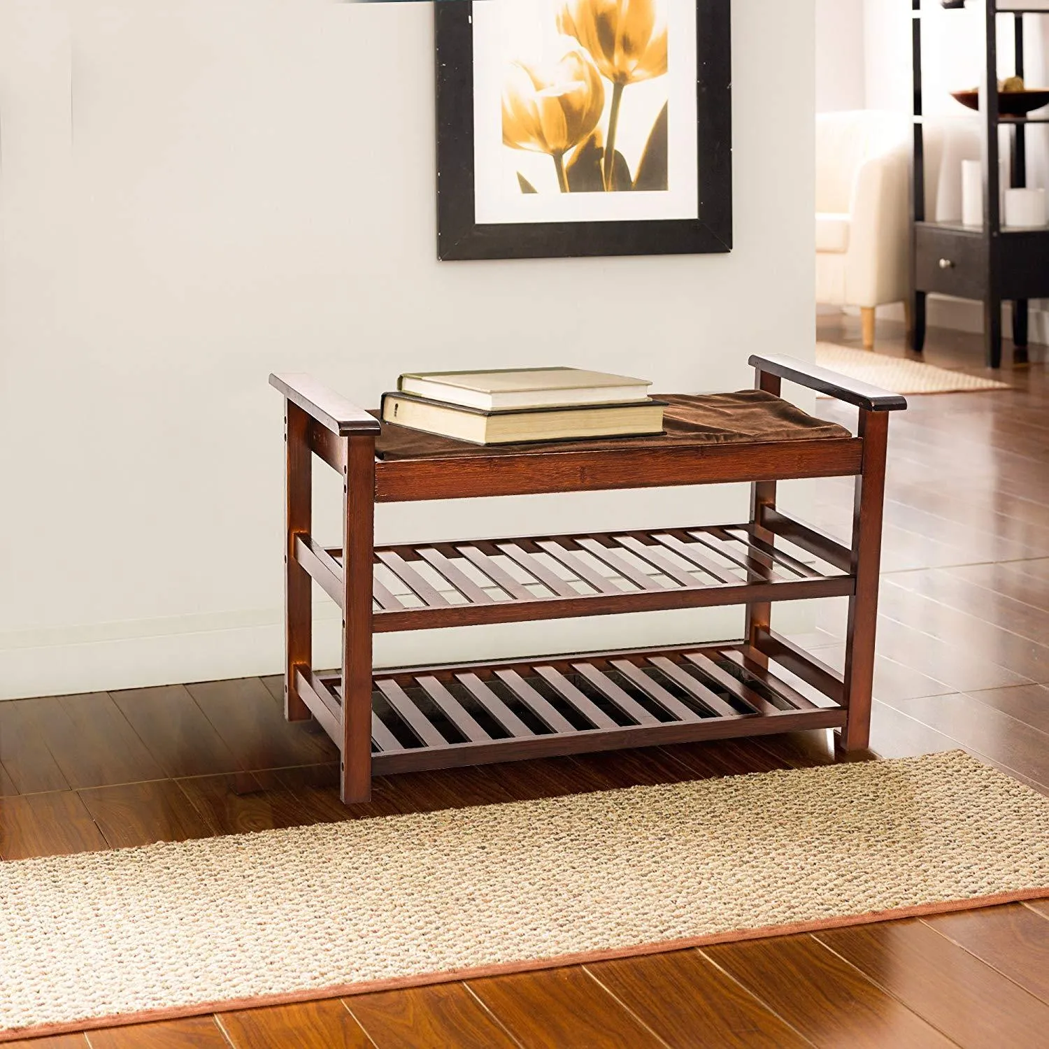 Bamboo Shoe Bench with Cushion Upholstered Padded Seat