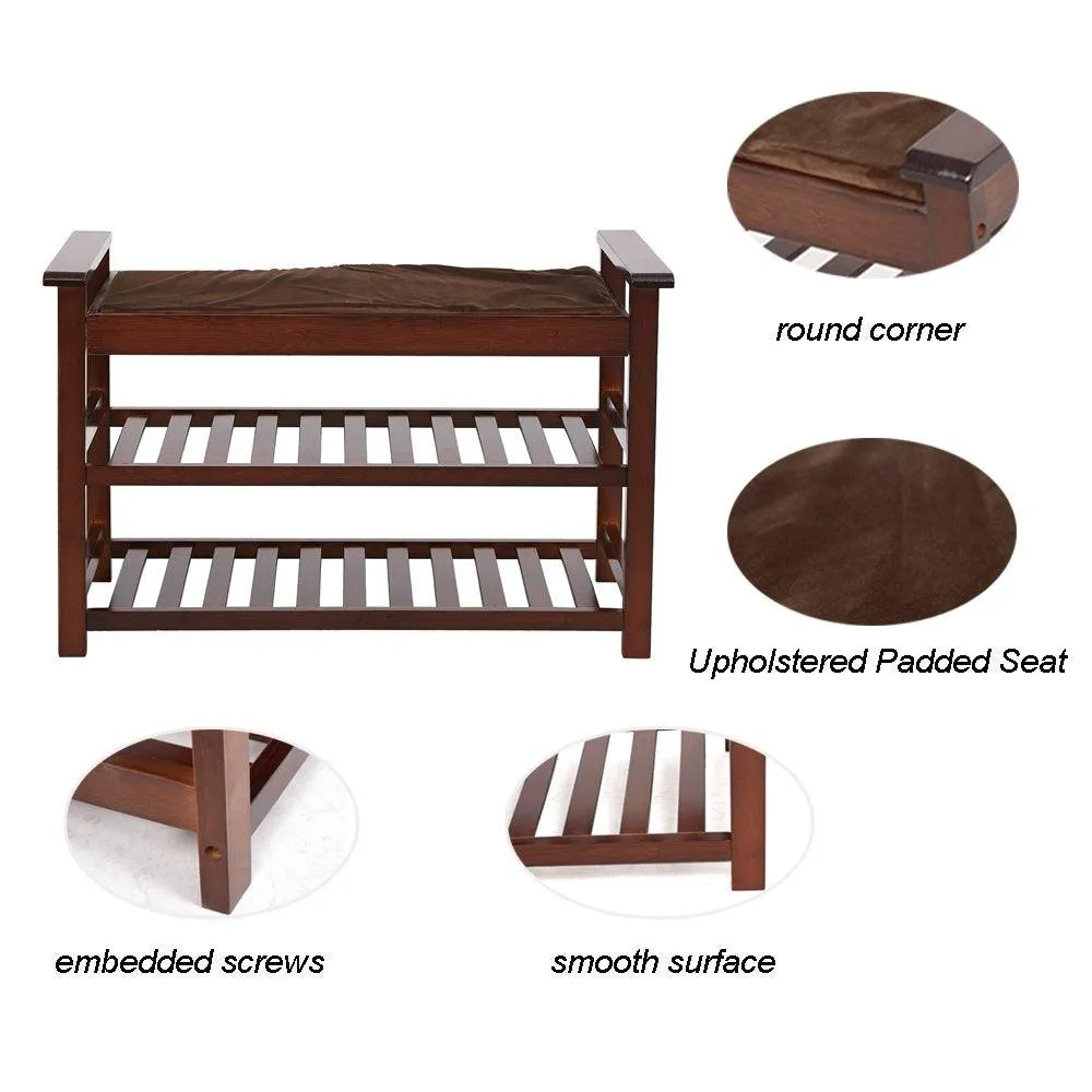 Bamboo Shoe Bench with Cushion Upholstered Padded Seat