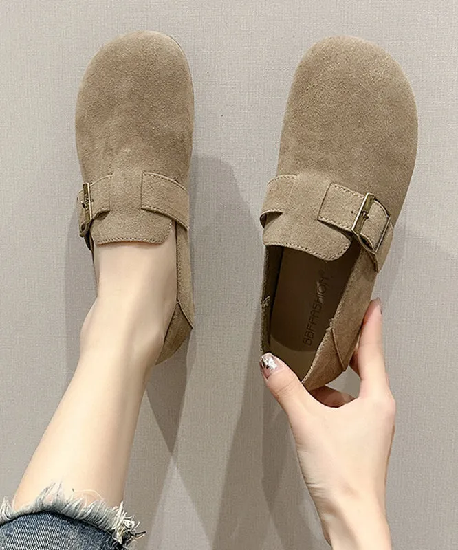 Comfortable Beige Suede Splicing Buckle Strap Flat Shoes JJ011