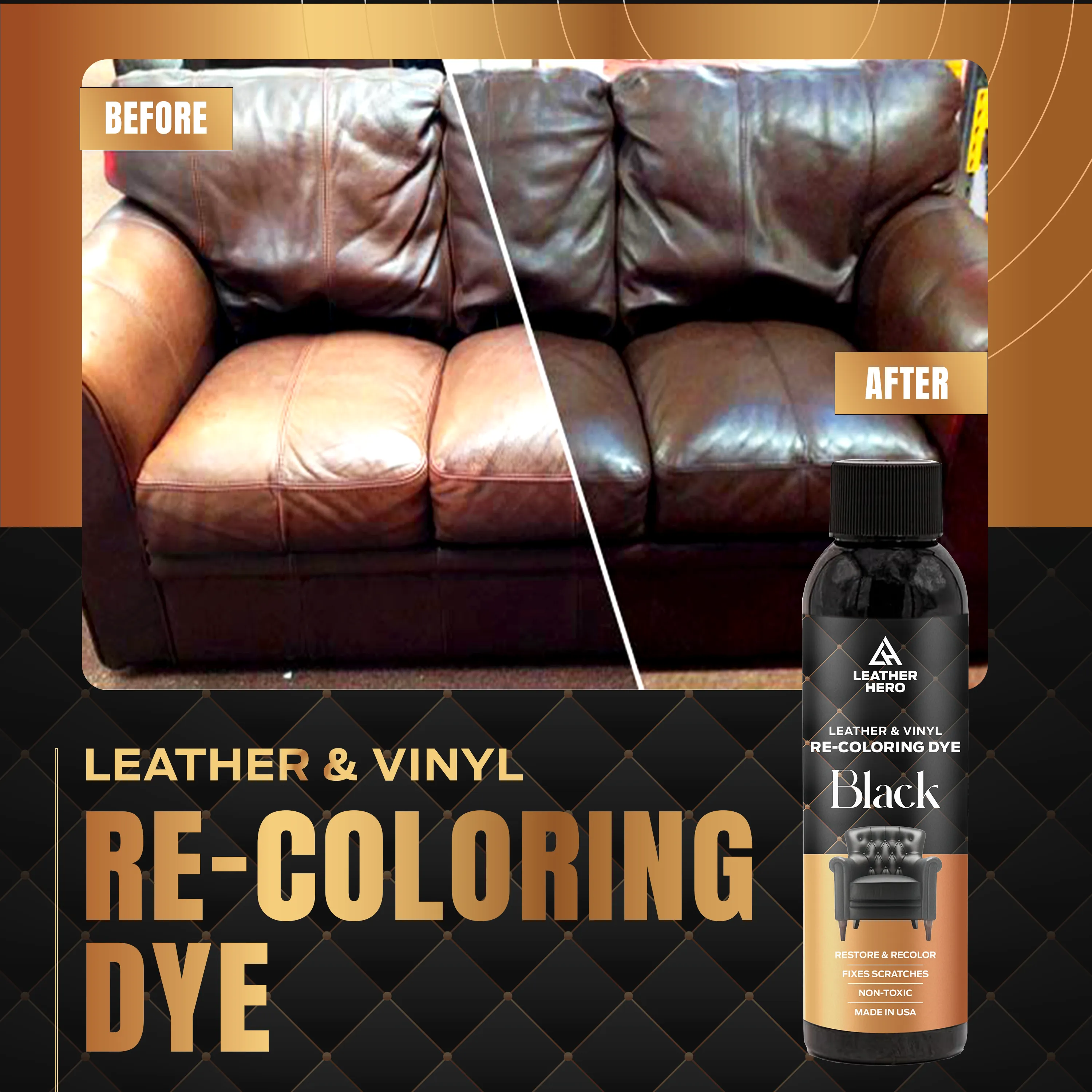 Leather Hero Leather Color Restorer Kit - Leather Restorer for Couches, Leather Couch Paint & Furniture Scratch Repair Leather Dye - Non-Toxic, Made in USA (Black)