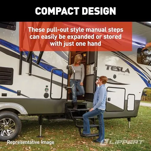 Lippert Components 24" Radius Double Manual Step 9" Rise for 5th Wheel RVs, Travel Trailers and Motorhomes, Black