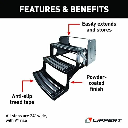 Lippert Components 24" Radius Double Manual Step 9" Rise for 5th Wheel RVs, Travel Trailers and Motorhomes, Black